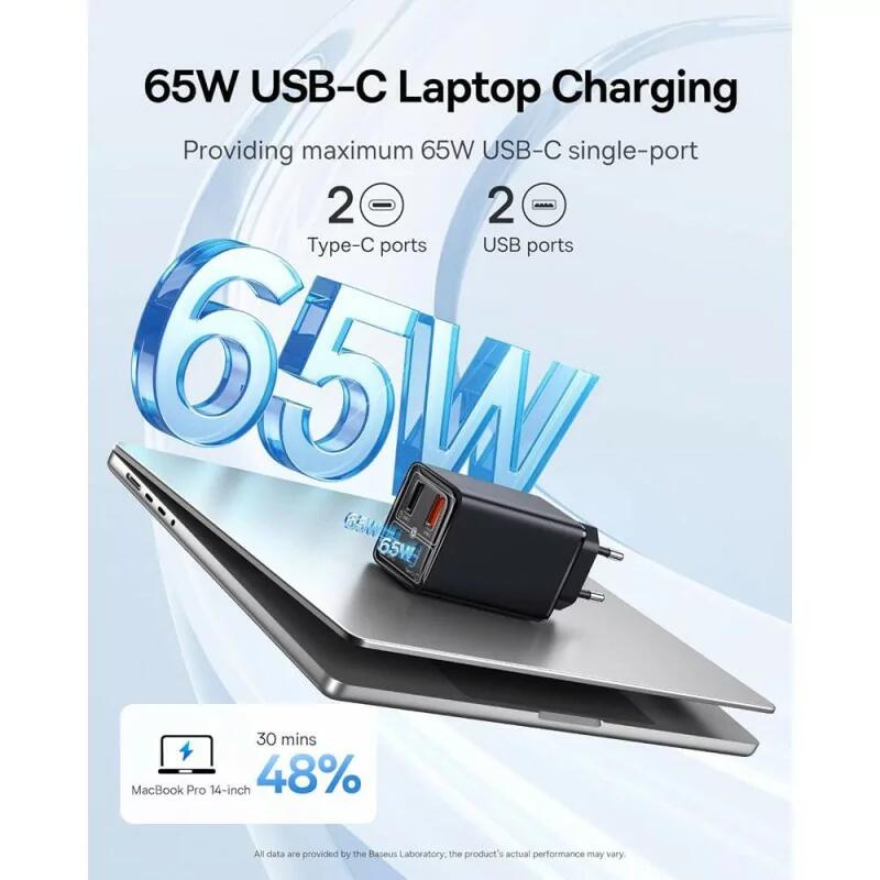Carregador Baseus GaN6 Pro Dual USB-A/USB-C 65W Fast Charger PD 3.0 - Preto 2/3