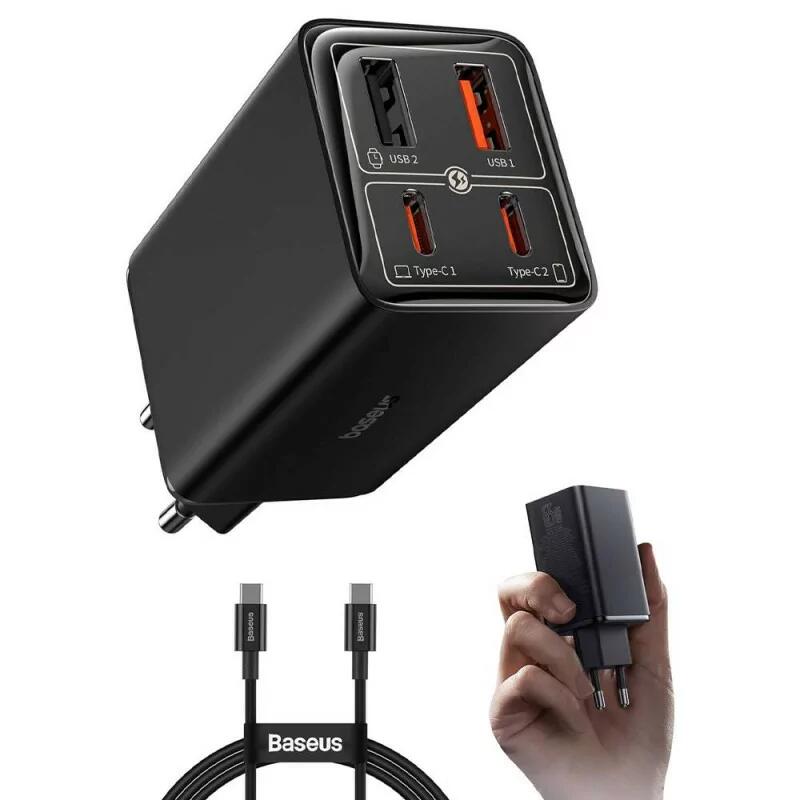 Carregador baseus gan6 pro dual usb-a/usb-c 65w fast charger pd 3.0 - preto