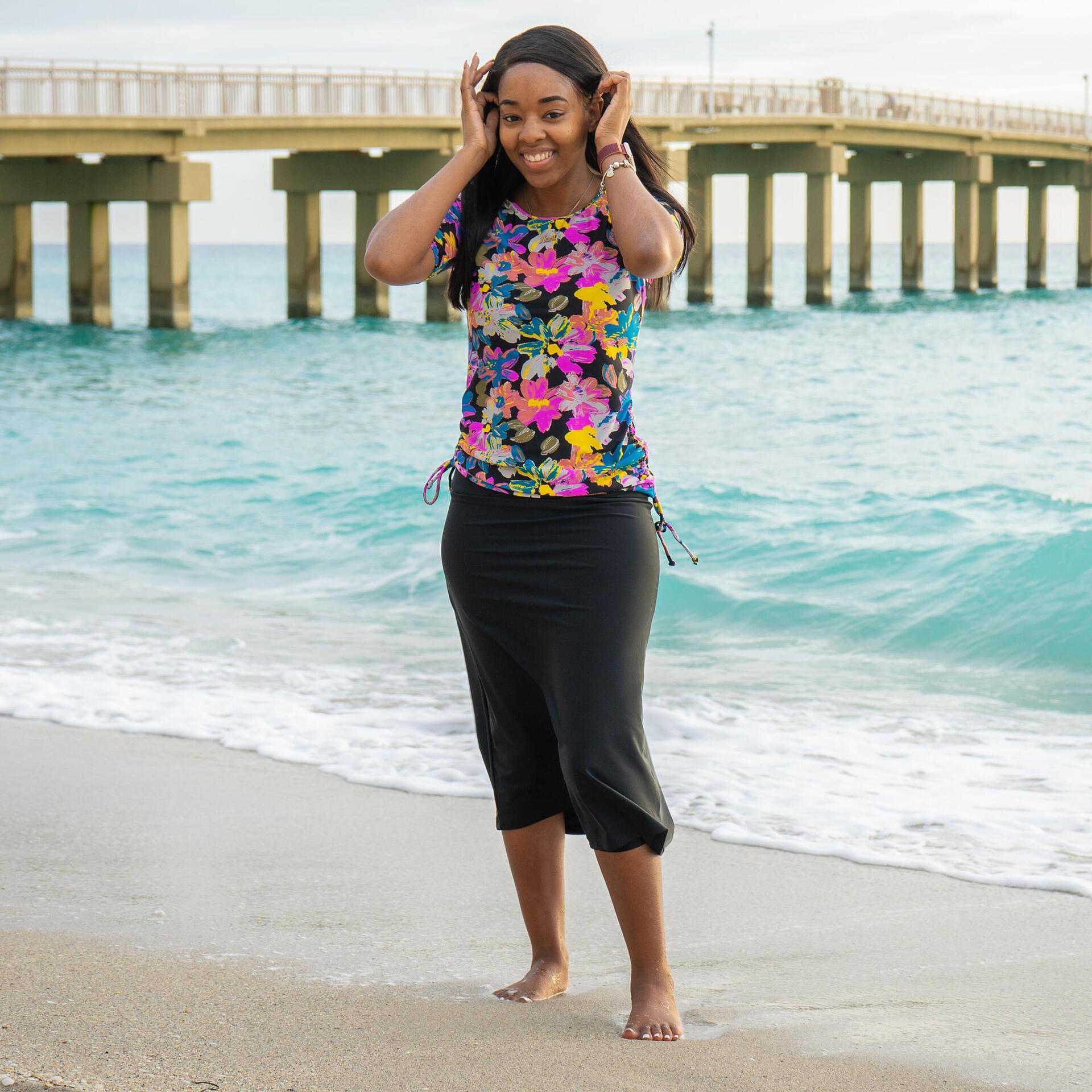 Women's Chlorine Resistant Below The Knee Swim Skirt With Capri