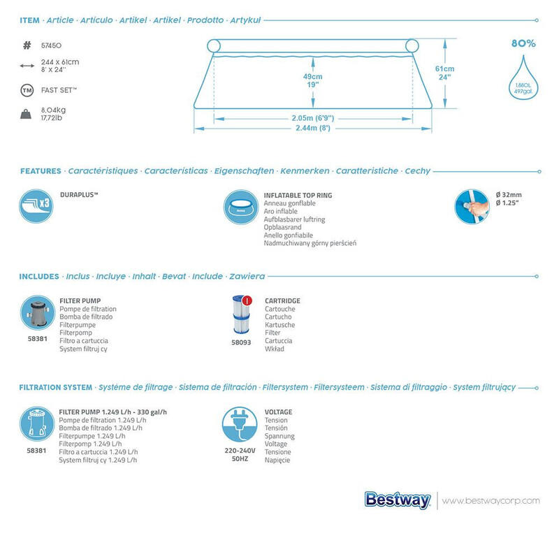 Piscina de criança Bestway Fast Set Ø244x61 cm Filtro de Cartucho 1.249 l/h
