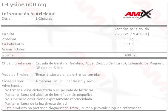 Lysine 600mg - 120 capsules de Amix Nutrition 2/3