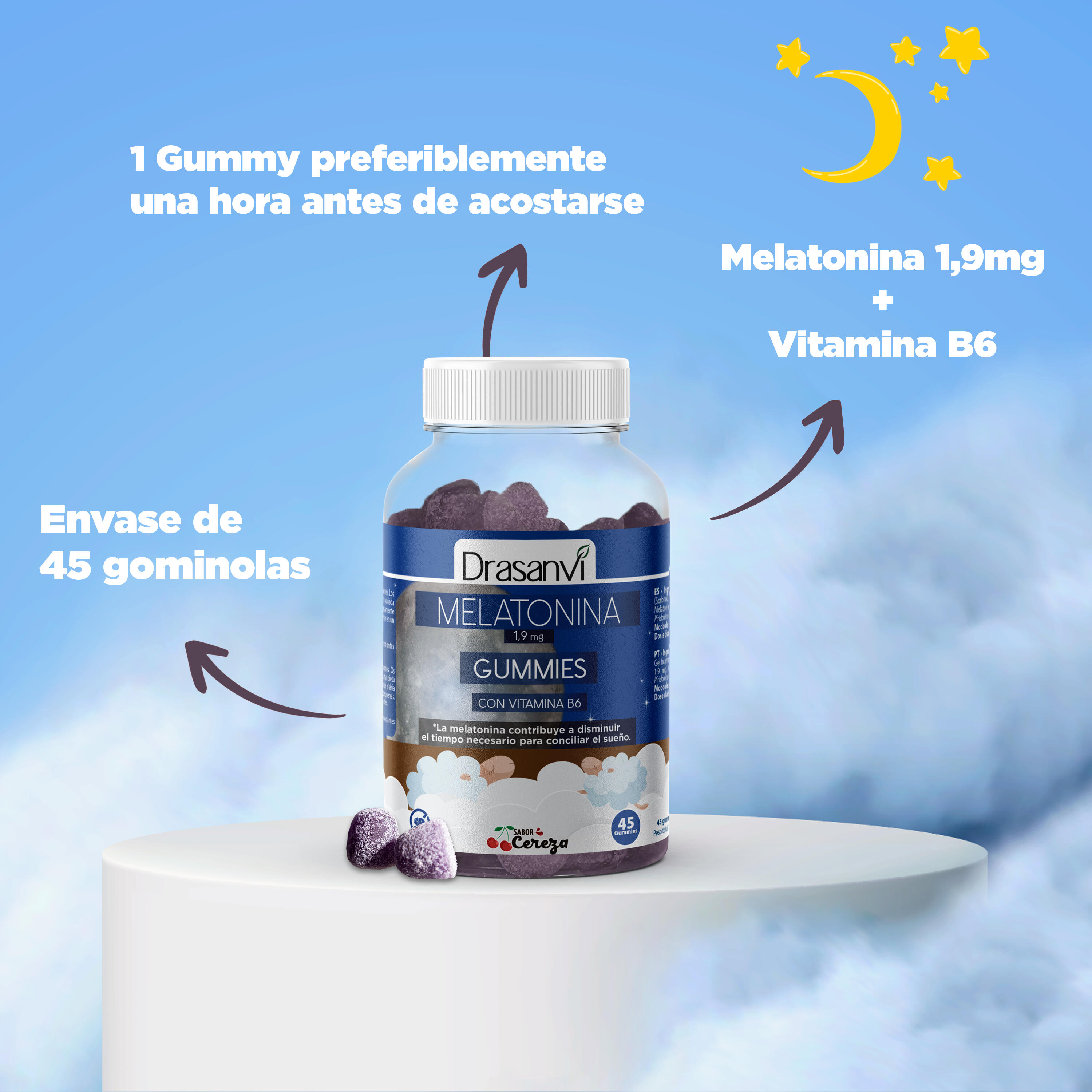 Melatonina 1,9 mg + Vitamina B6 Cereza 45 Gominolas 4/6