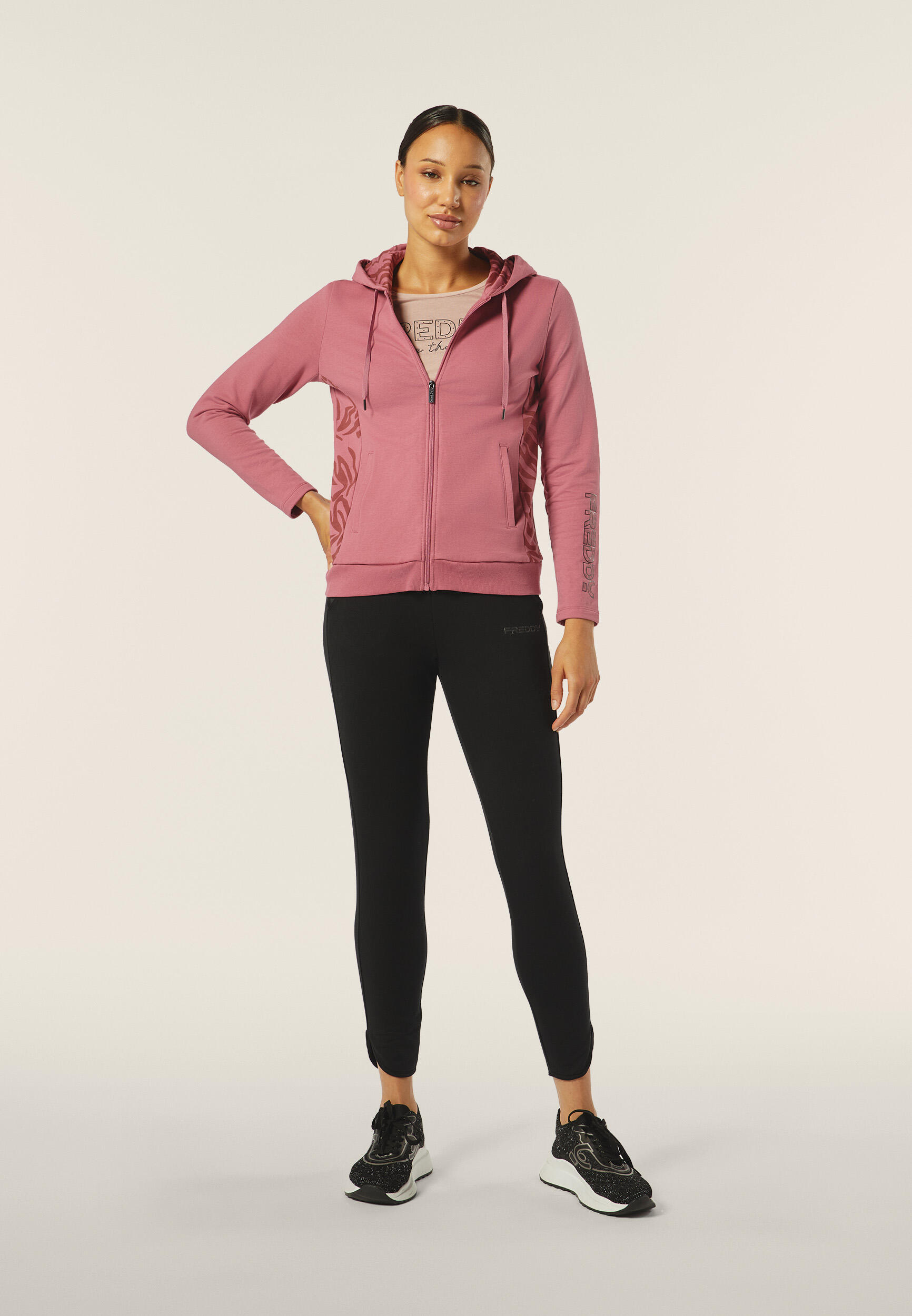 Felpa donna chiusura zip e cappuccio con inserti floreali 2/5