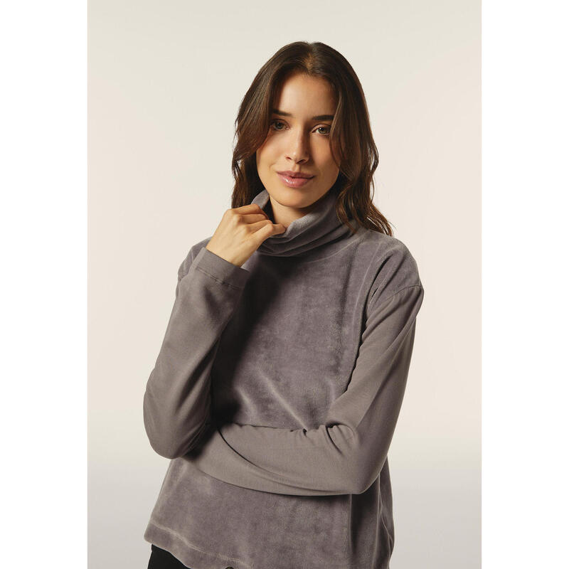 Sweat-shirt à col montant avec buste en velours et cordon de serrage au bas