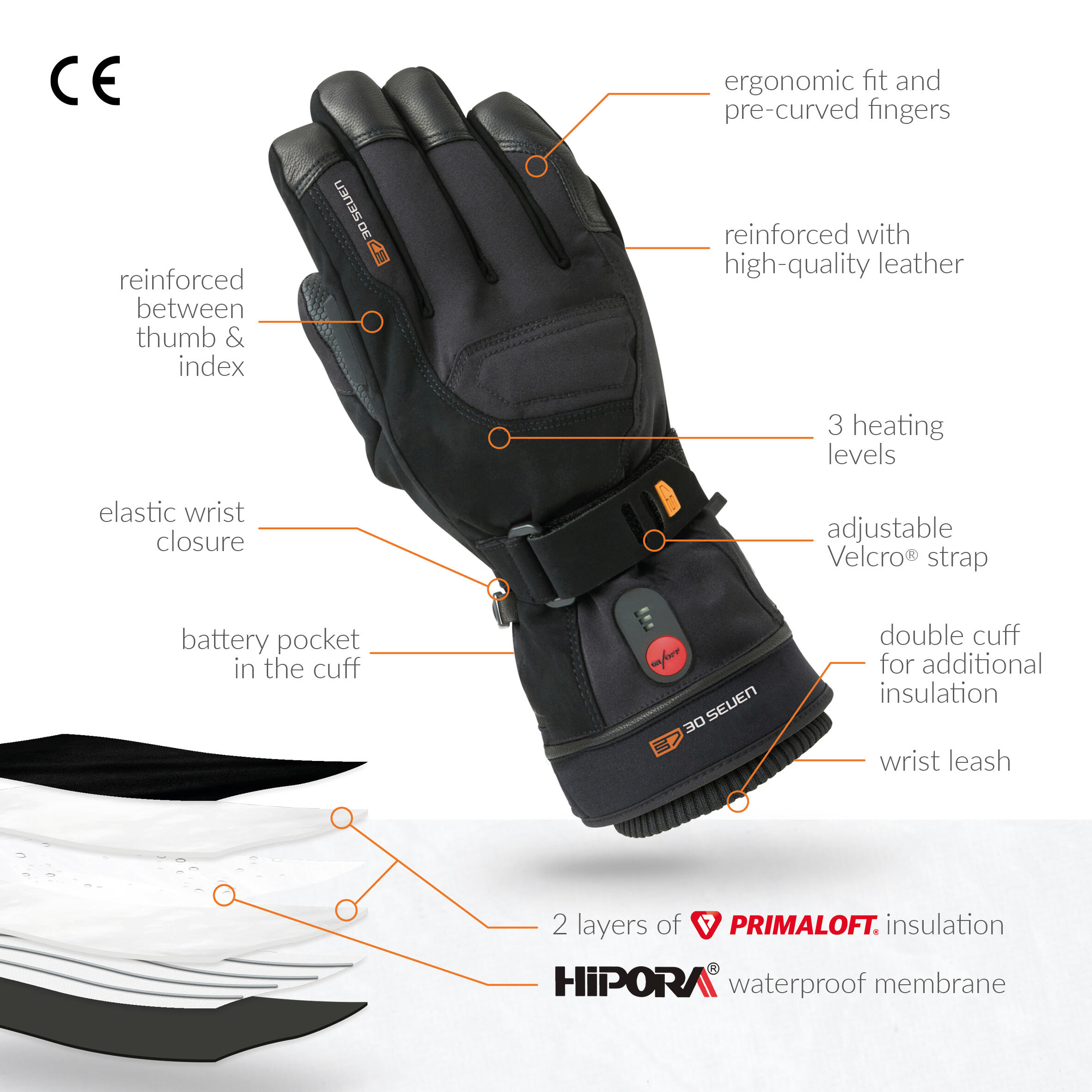Gants Chauffants avec Isolation Primaloft pour sports d'hiver- Noir 3/7