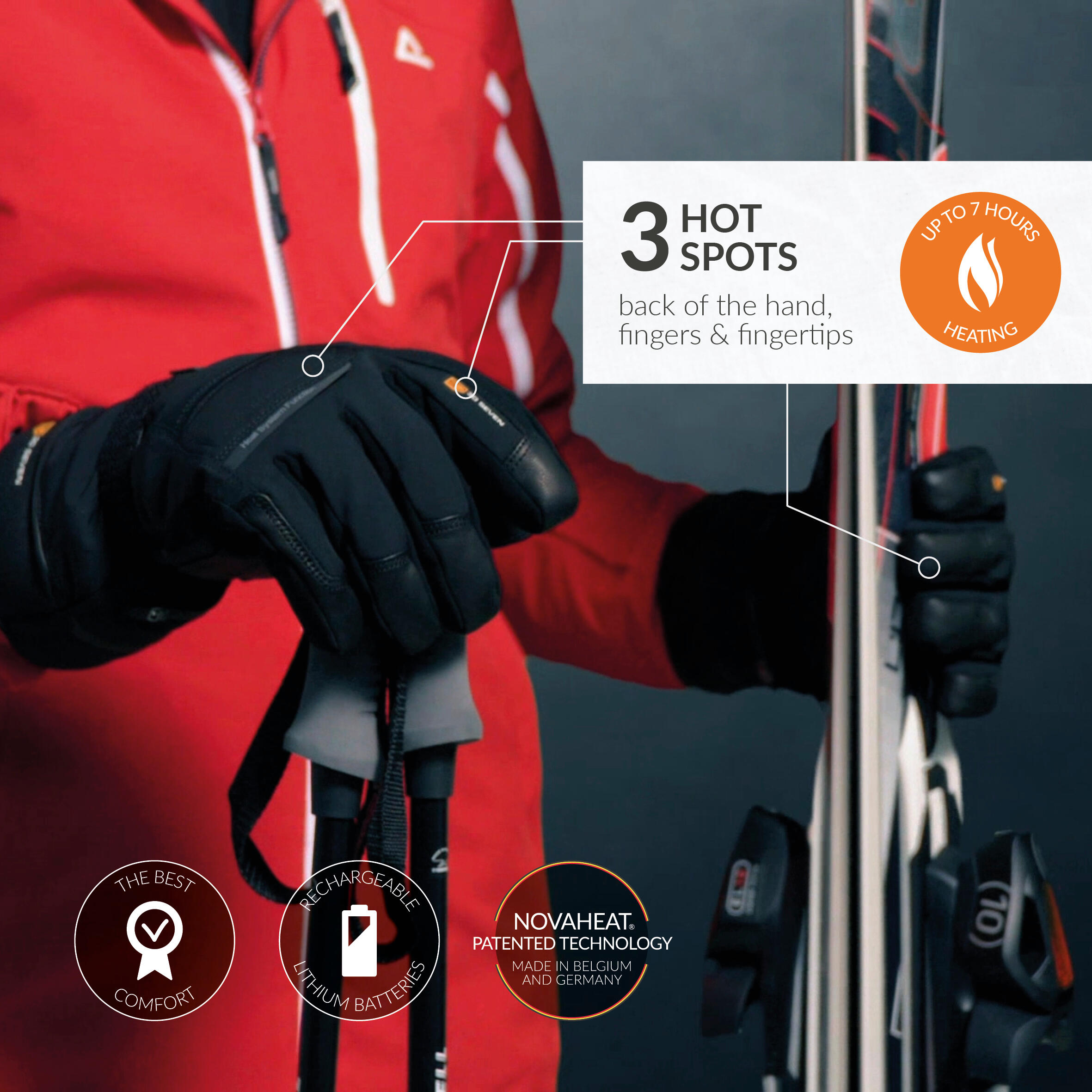 Gants Chauffants avec Isolation Primaloft pour sports d'hiver- Noir 4/7