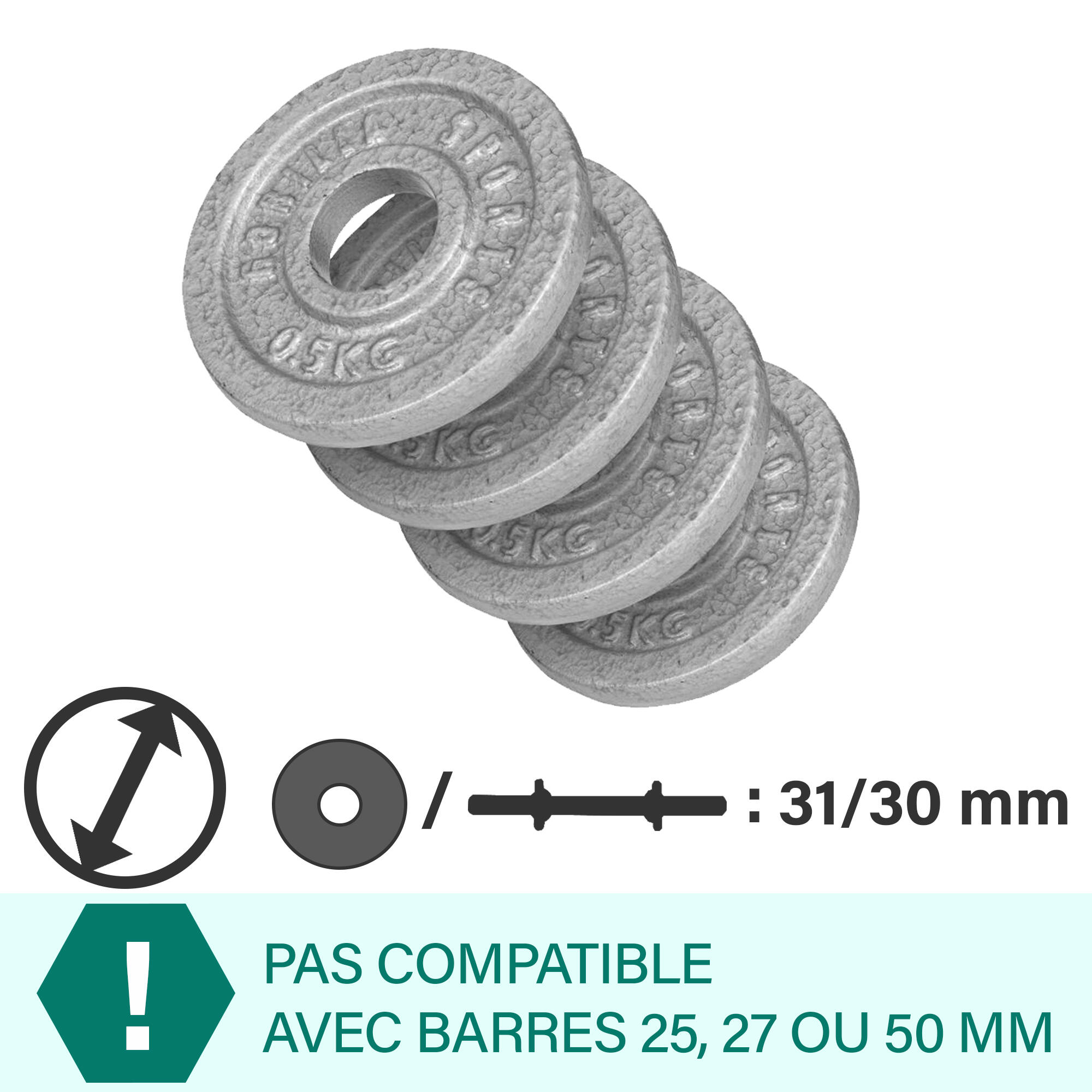 DISQUE DE MUSCULATION FONTE GRIS| DIAM 31MM | LOT 4 X 0,5 KG 2/7