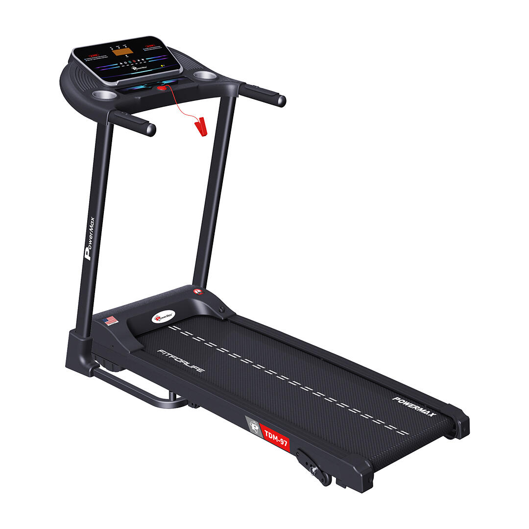 PowerMax Fitness TDM 97 4Hp Peak Motorised Foldable Treadmill For Home Use PIPE Max User 110Kg PIPE Running Deck 1100X400Mm PI