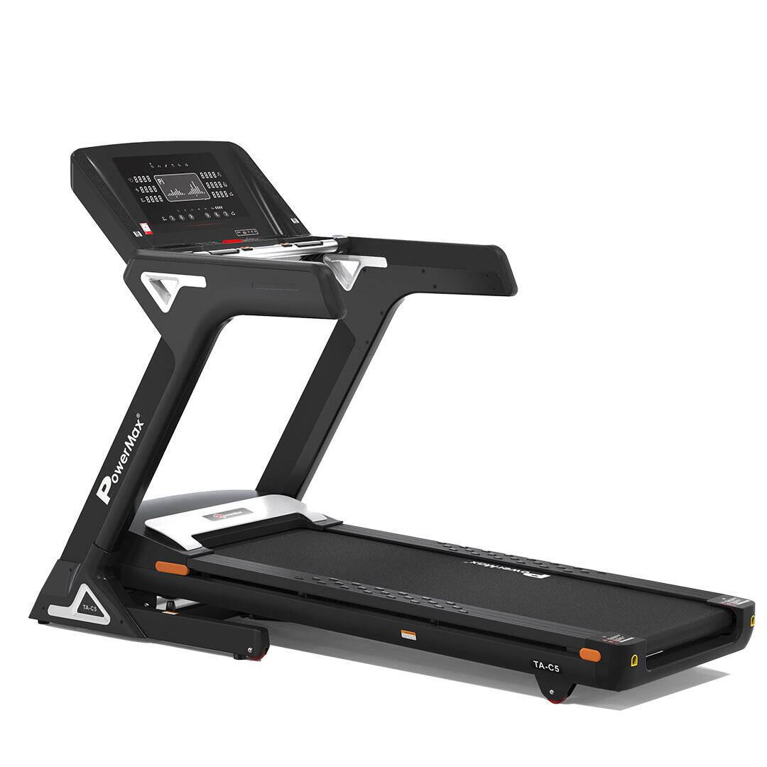 PowerMax Fitness TA-C5 (5HP) AC Motorized Premium Commercial Treadmill with 18 Lvl.Auto-Incline, Max user 150kg, Top speed 18kmph with fast buttons, LED display, Speaker, Bluetooth, USB, AUX, SD Card