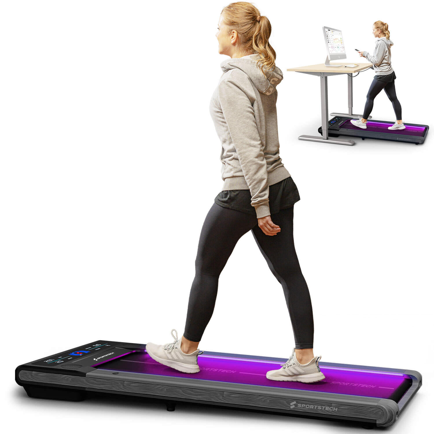 SPORTSTECH sWalk Walking Pad Laufband & desk mit LED - 1-8 km/h Geschwindigkeit