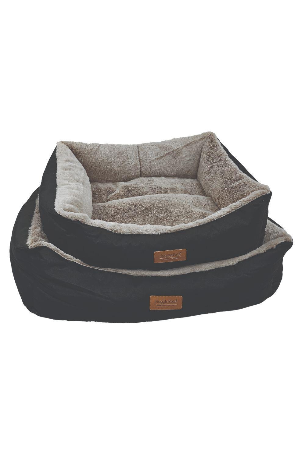 HugglePets Luxury Plush Dog Lounger Bed - Black & Grey 2/3