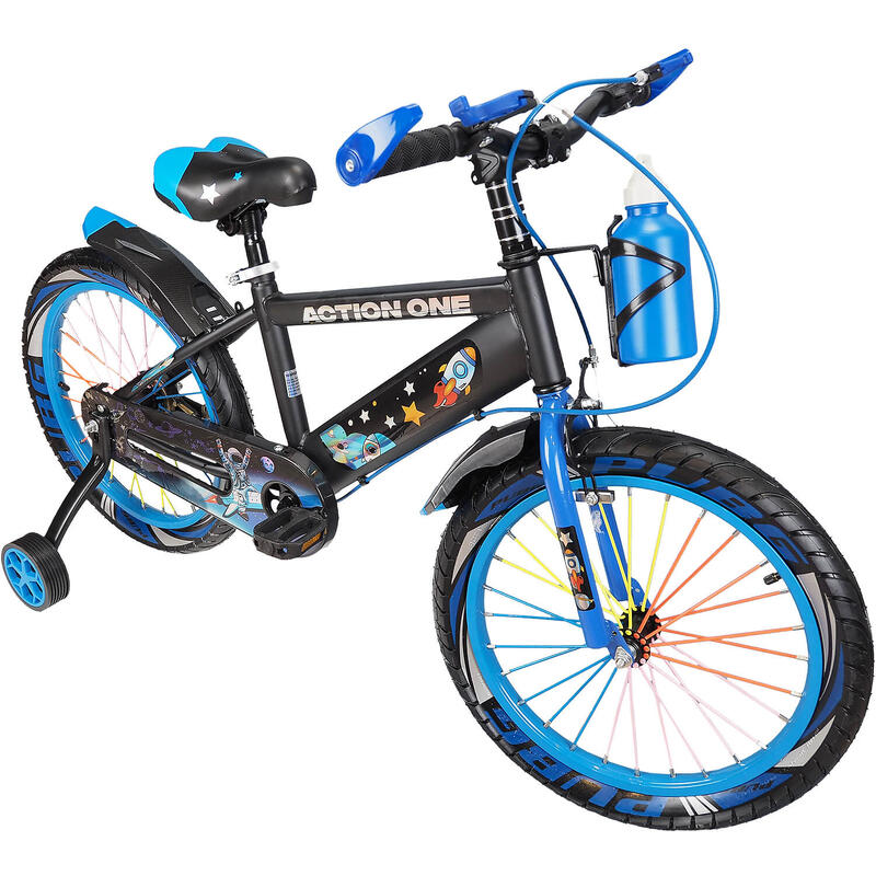 Bicicleta copii 6-8 ani cu far si claxon cadou, Nova II, 18 inch, albastru