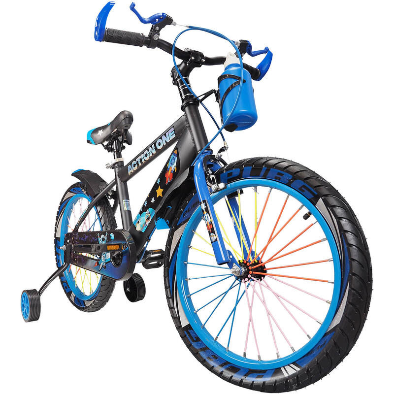 Bicicleta copii 6-8 ani cu far si claxon cadou, Nova II, 18 inch, albastru