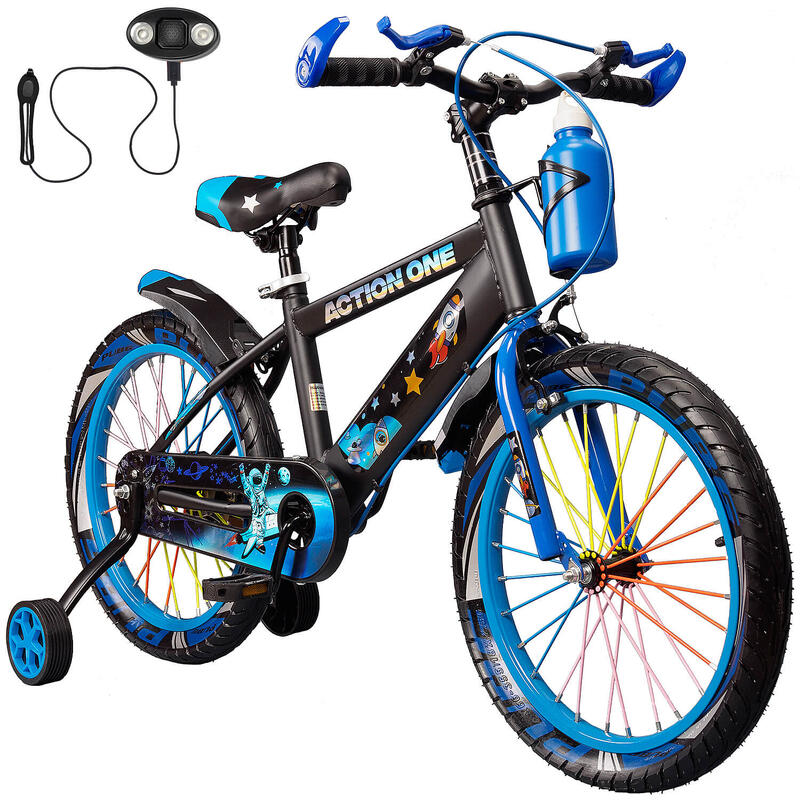 Bicicleta copii 6-8 ani cu far si claxon cadou, Nova II, 18 inch, albastru