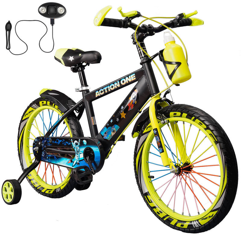 Bicicleta copii 6-8 ani cu far si claxon cadou, Nova II, 18 inch, verde neon