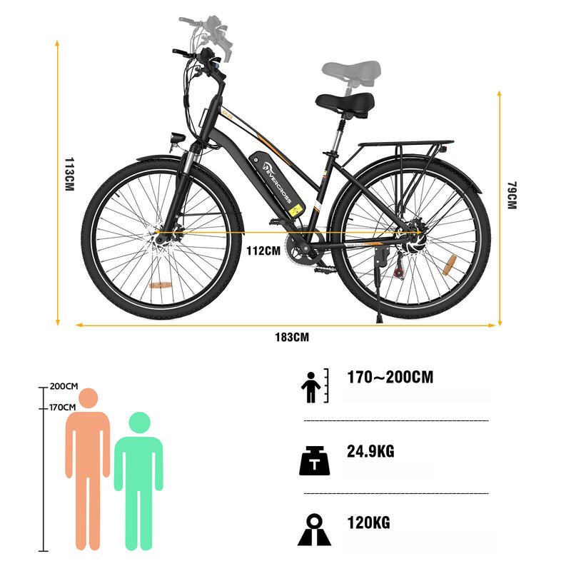 Elektrische Fiets voor Volwassenen 28" Banden EVERCROSS - EK28 Zwart