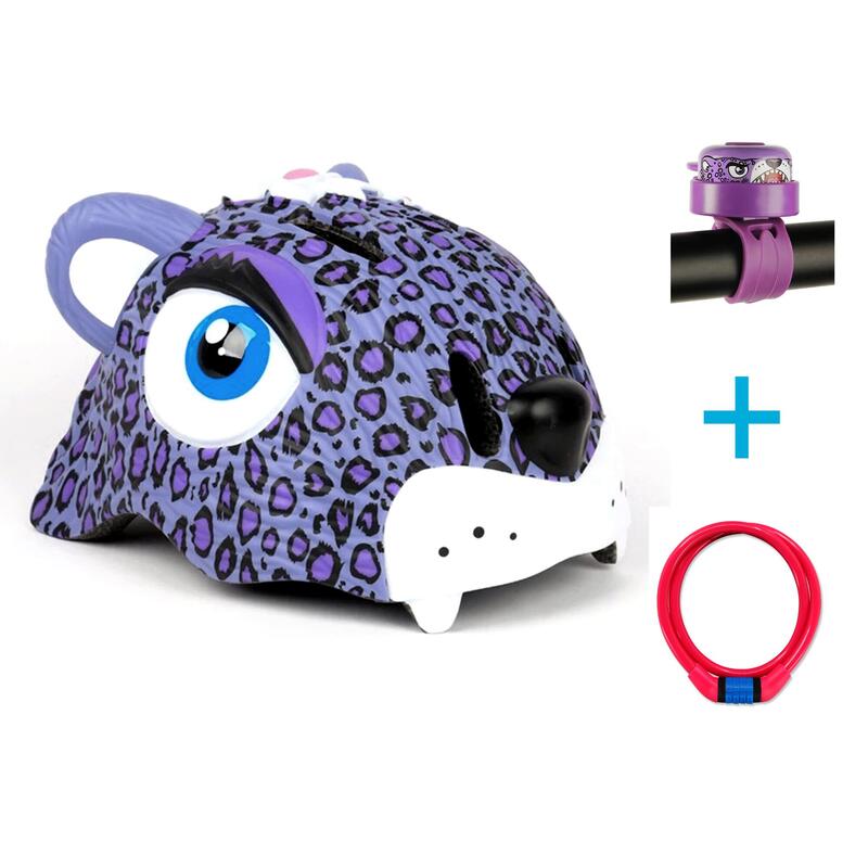 Crazy Safety Set-casco per bambini, lucchetto e campanello |Leopardo viola