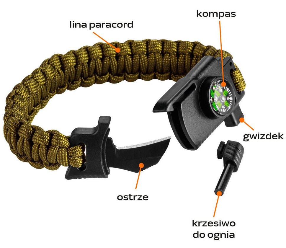 Bransoleta survivalowa 5w1 kompas krzesiwo noż gwizdek