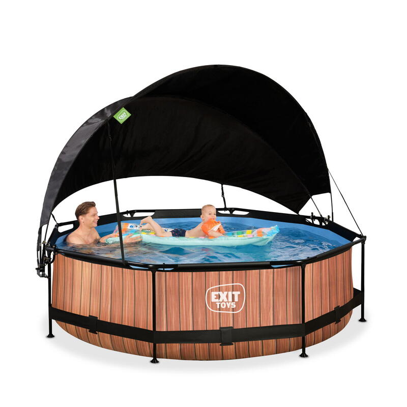 Piscine EXIT Wood ø300x76cm avec pompe filtrante et voile d'ombrage - marron