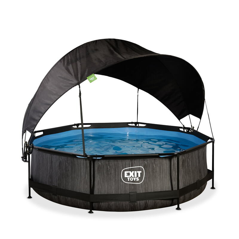 Piscine EXIT Black Wood ø300x76cm avec pompe filtrante et voile d'ombrage - noir