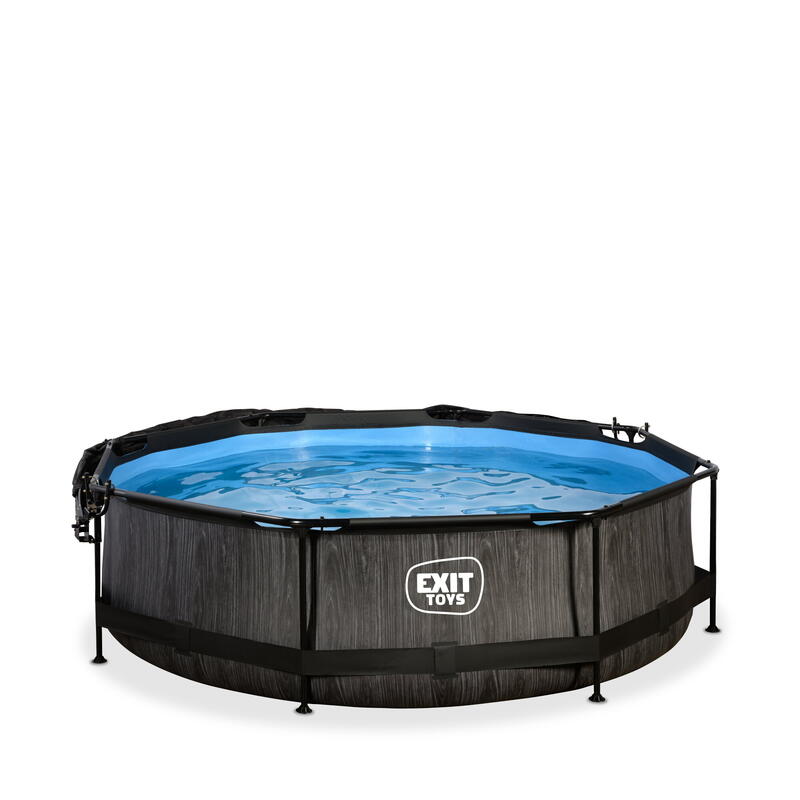 Piscine EXIT Black Wood ø300x76cm avec pompe filtrante et voile d'ombrage - noir