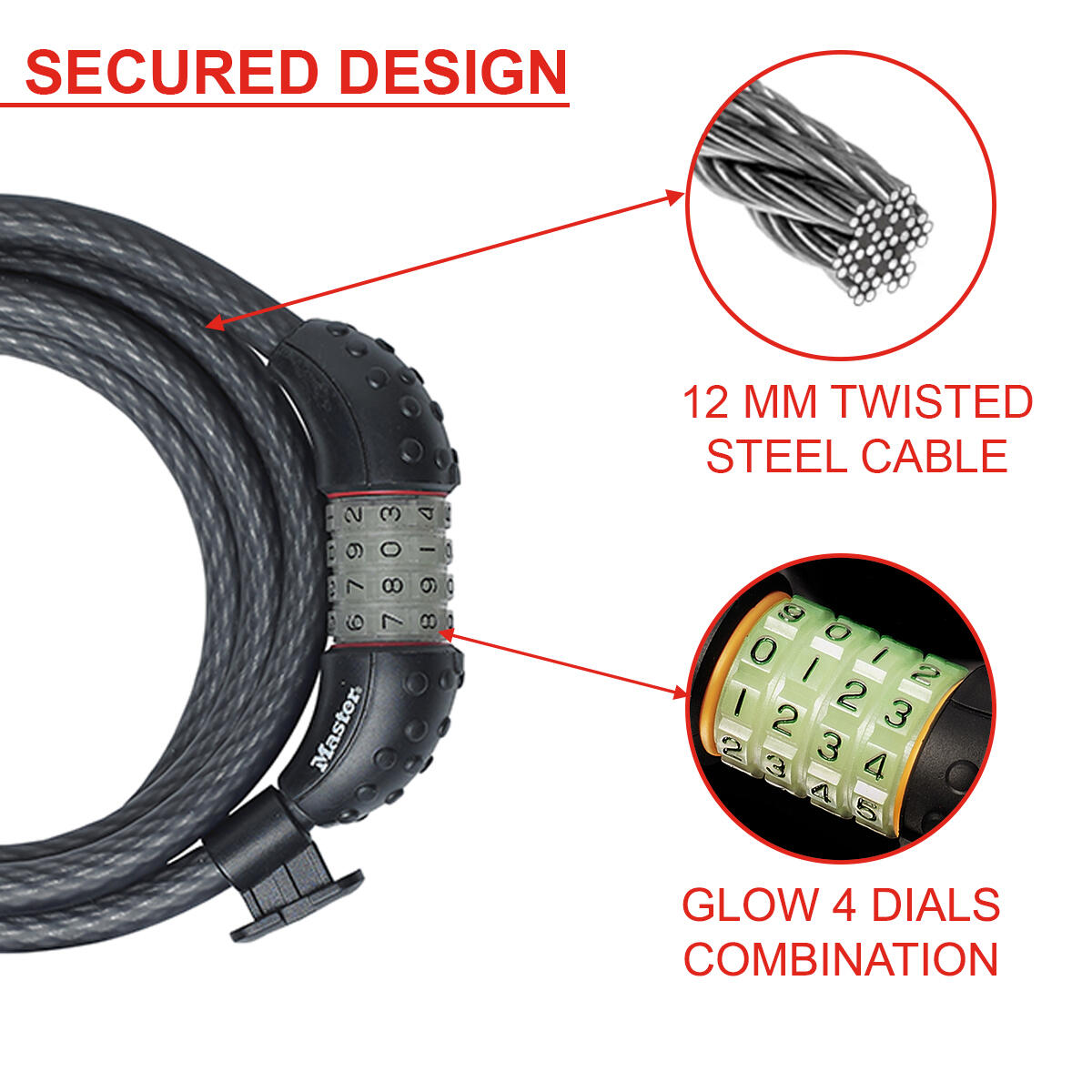 Candado Bicicleta 1,8 m Cable Combinación Flexible Montaje 1,8 m x 1,2 cm 4/6
