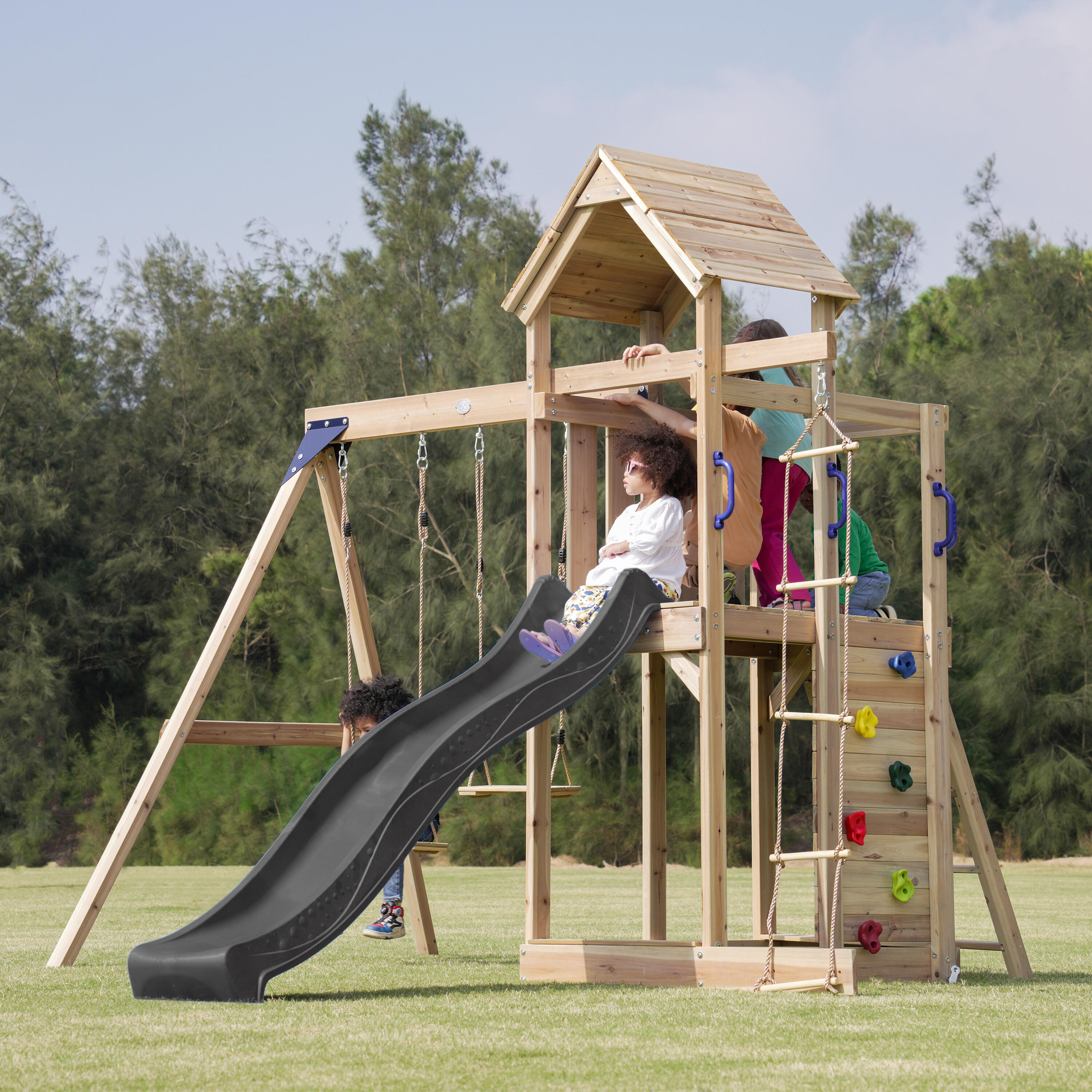Aire de jeux, Moos avec balançoire double et échelle en corde - toboggan gris 3/7