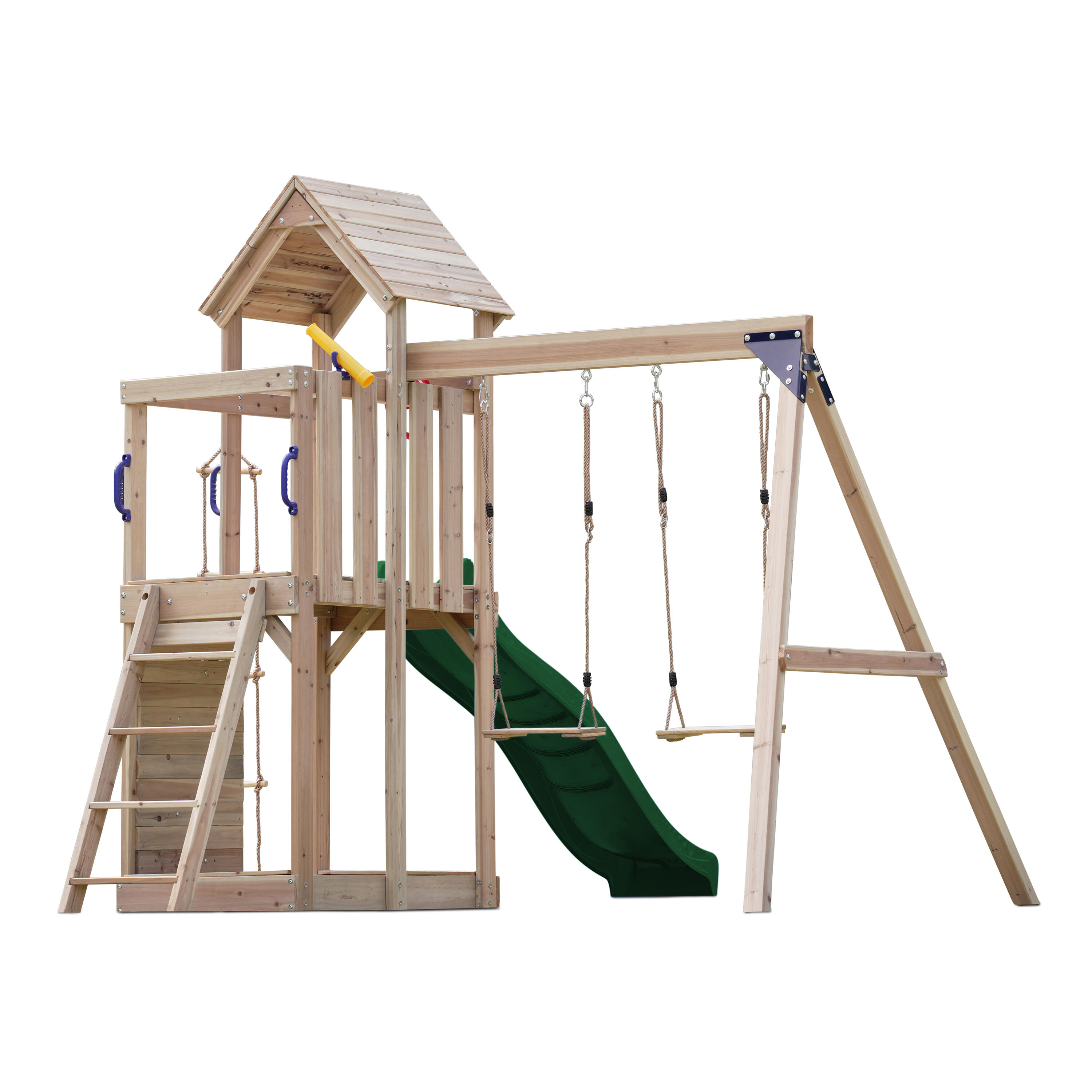 Aire de jeux, Moos avec balançoire double et échelle en corde - toboggan vert 7/7