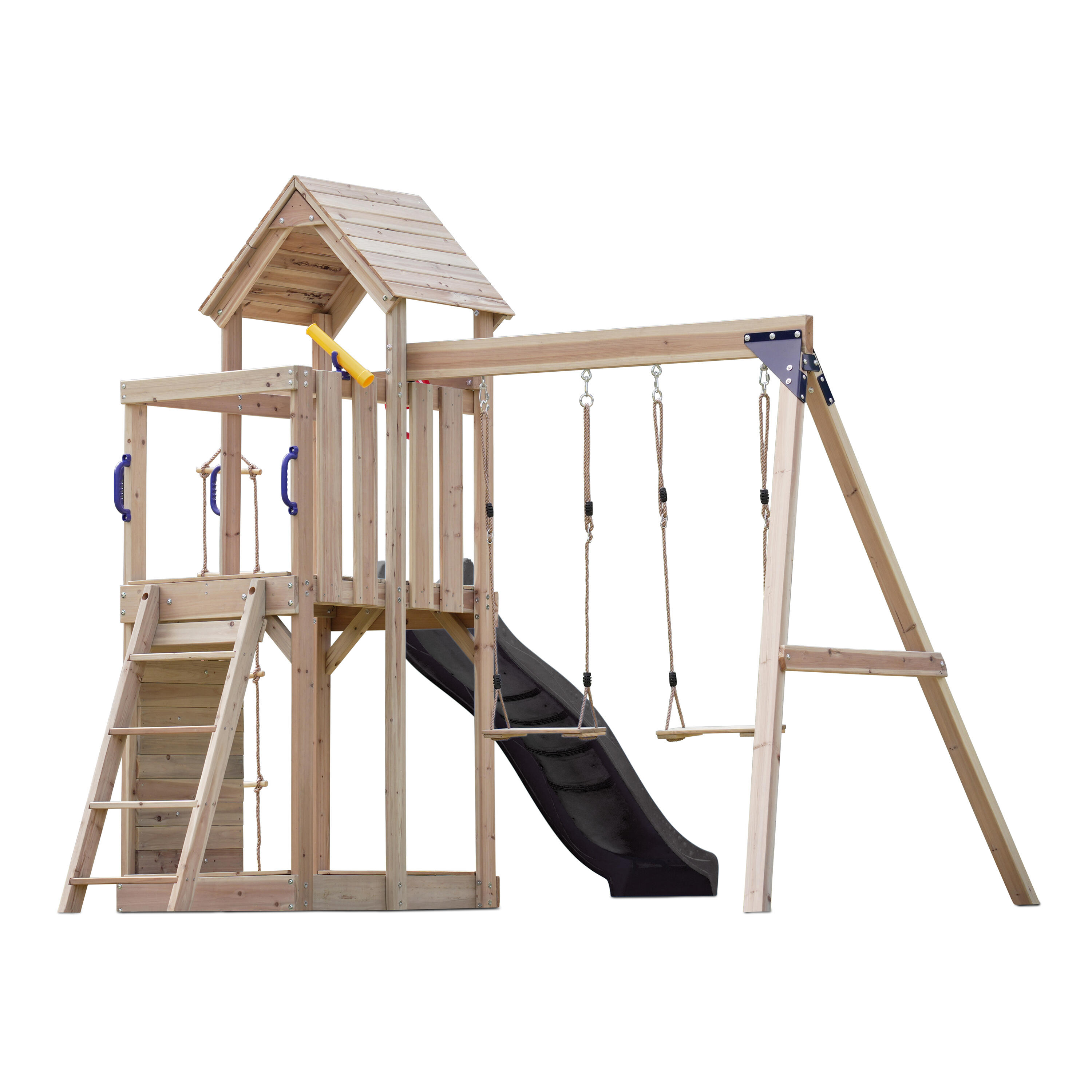 Aire de jeux, Moos avec balançoire double et échelle en corde - toboggan gris 7/7