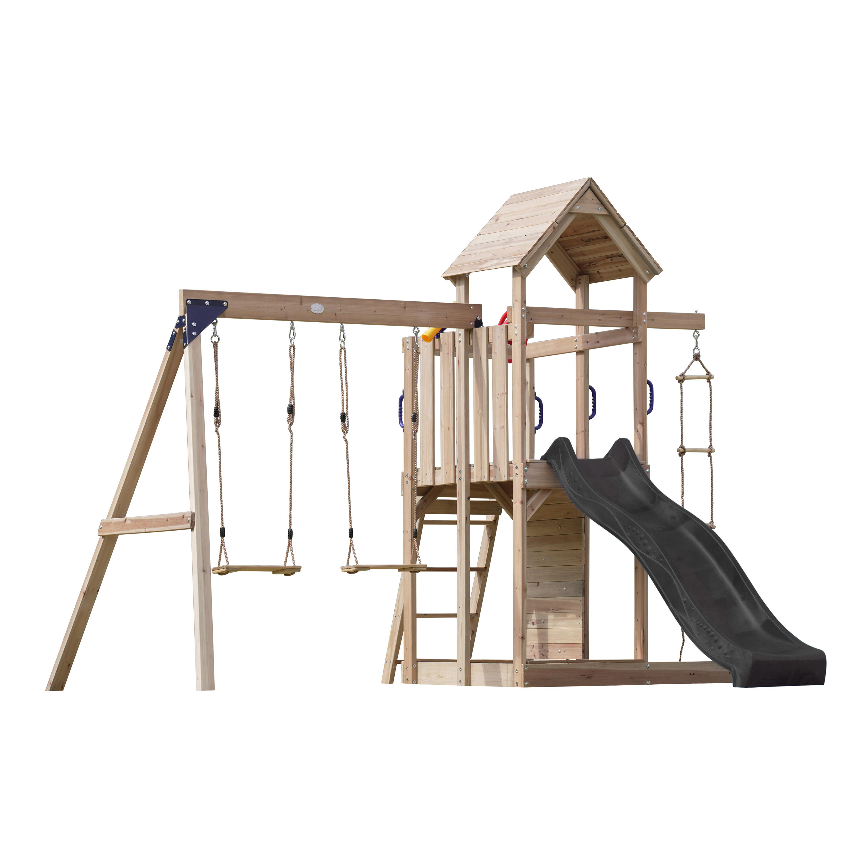 Aire de jeux, Moos avec balançoire double et échelle en corde - toboggan gris 2/7