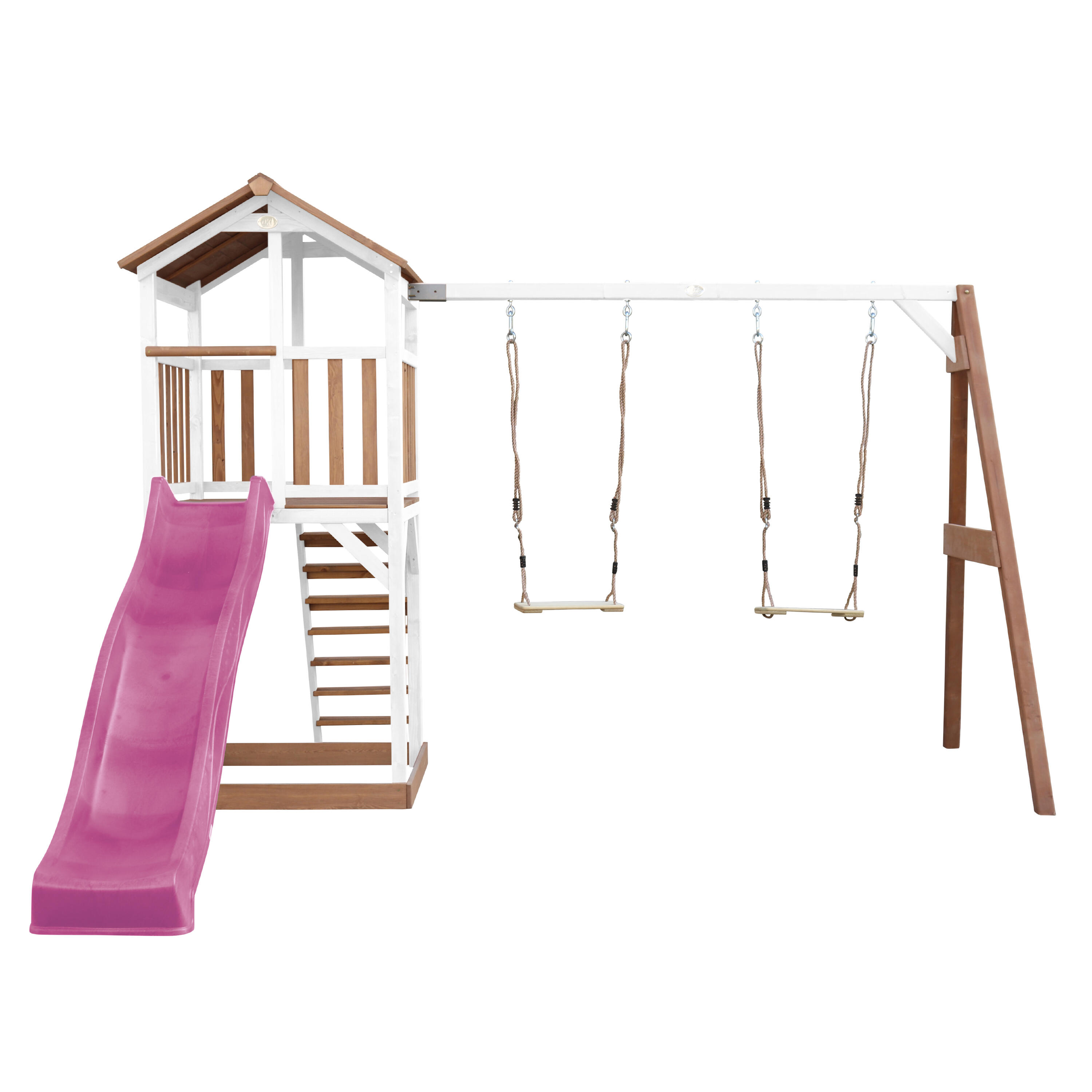 Aire de jeux Beach Tower Marron/Blanche avec 2 Balançoires - Toboggan Violet 5/7