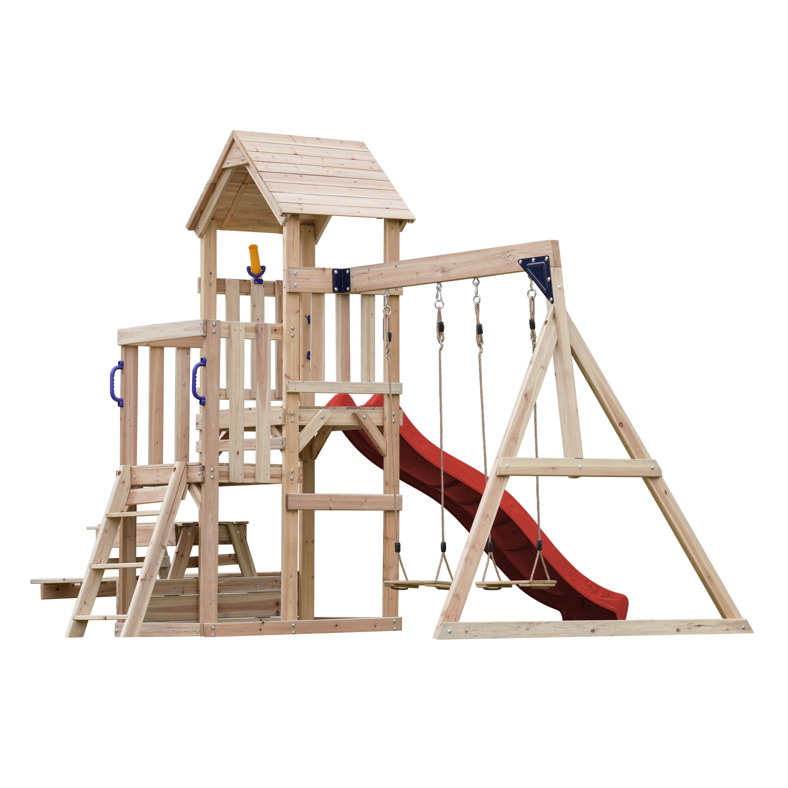 Aire de jeux Mette avec balançoire double marron - toboggan rouge 4/7