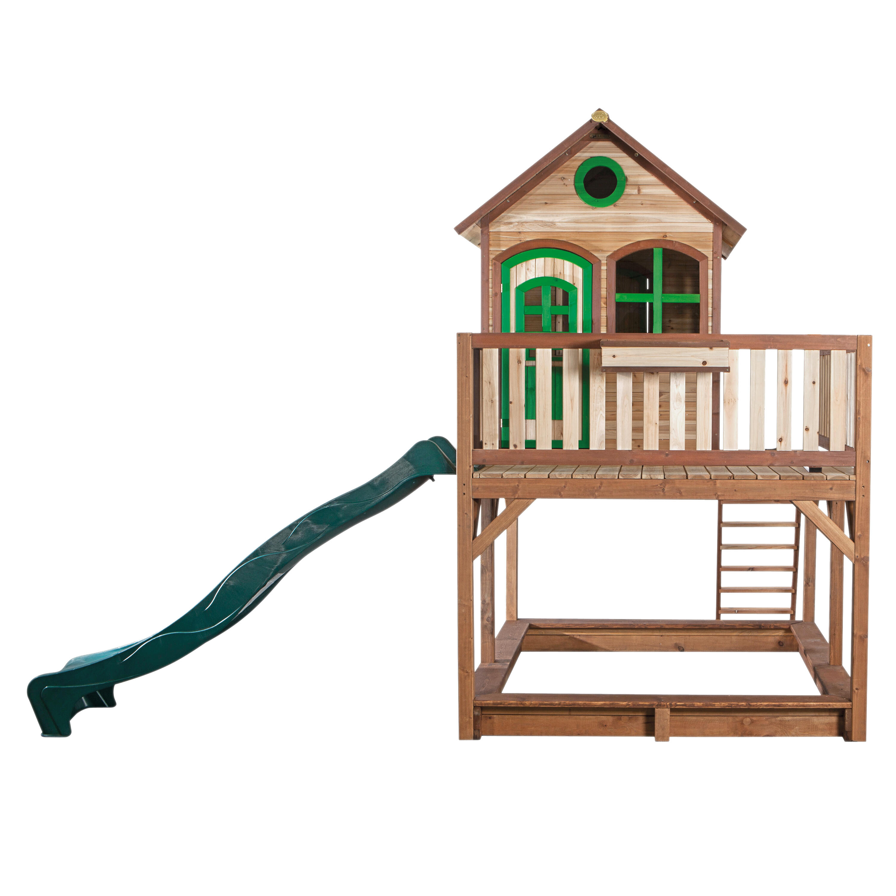 Maisonnette en bois Liam Marron/Verte - Toboggan Vert 2/7