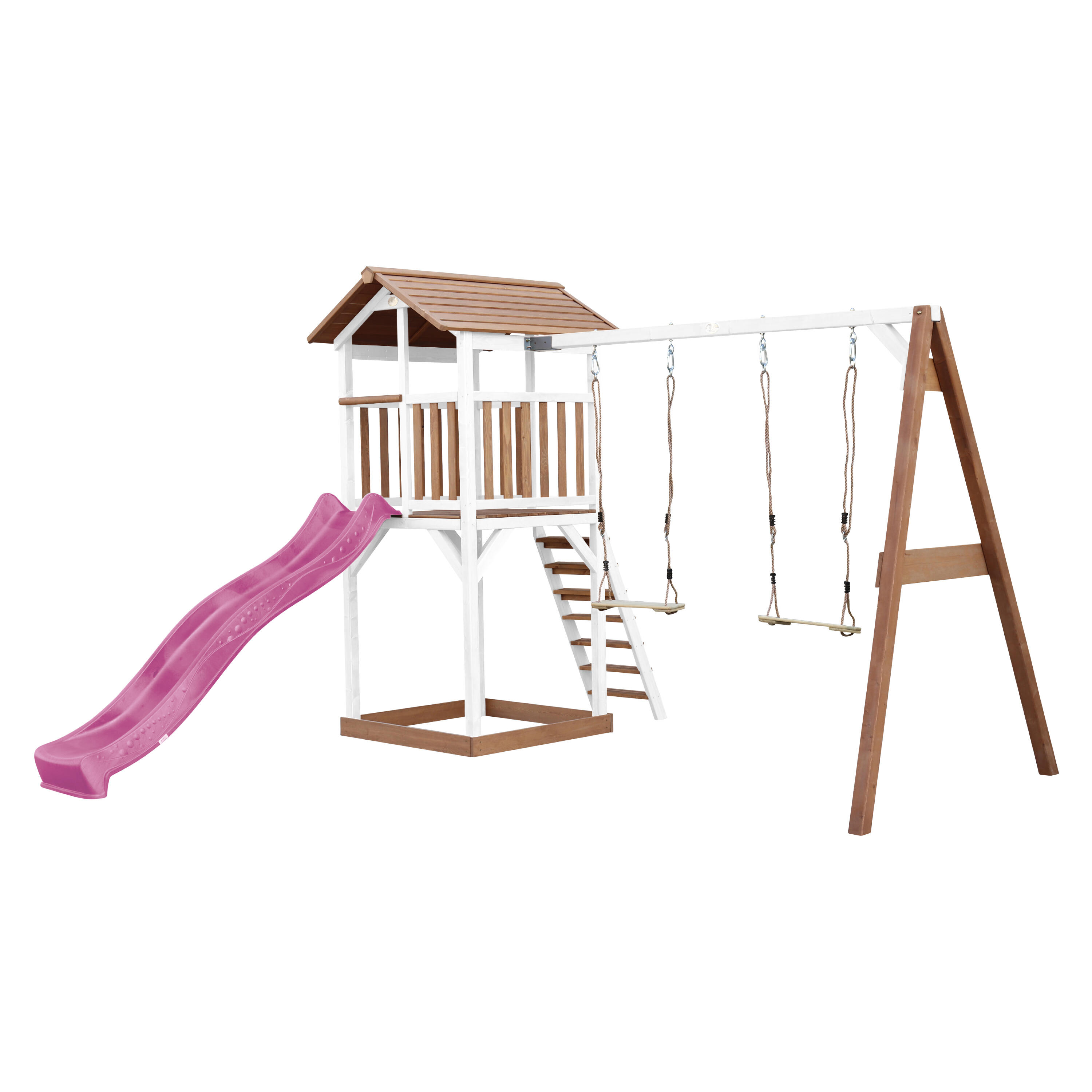 Aire de jeux Beach Tower Marron/Blanche avec 2 Balançoires - Toboggan Violet 2/7