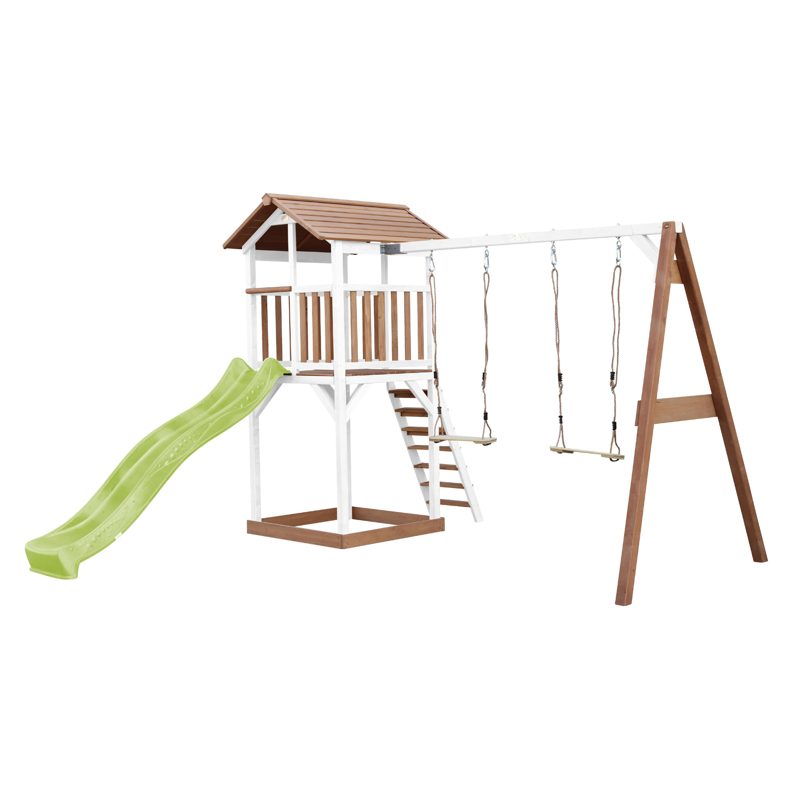 Aire de jeux Beach Tower Marron/Blanche avec 2 Balançoires - Toboggan Vert 2/7