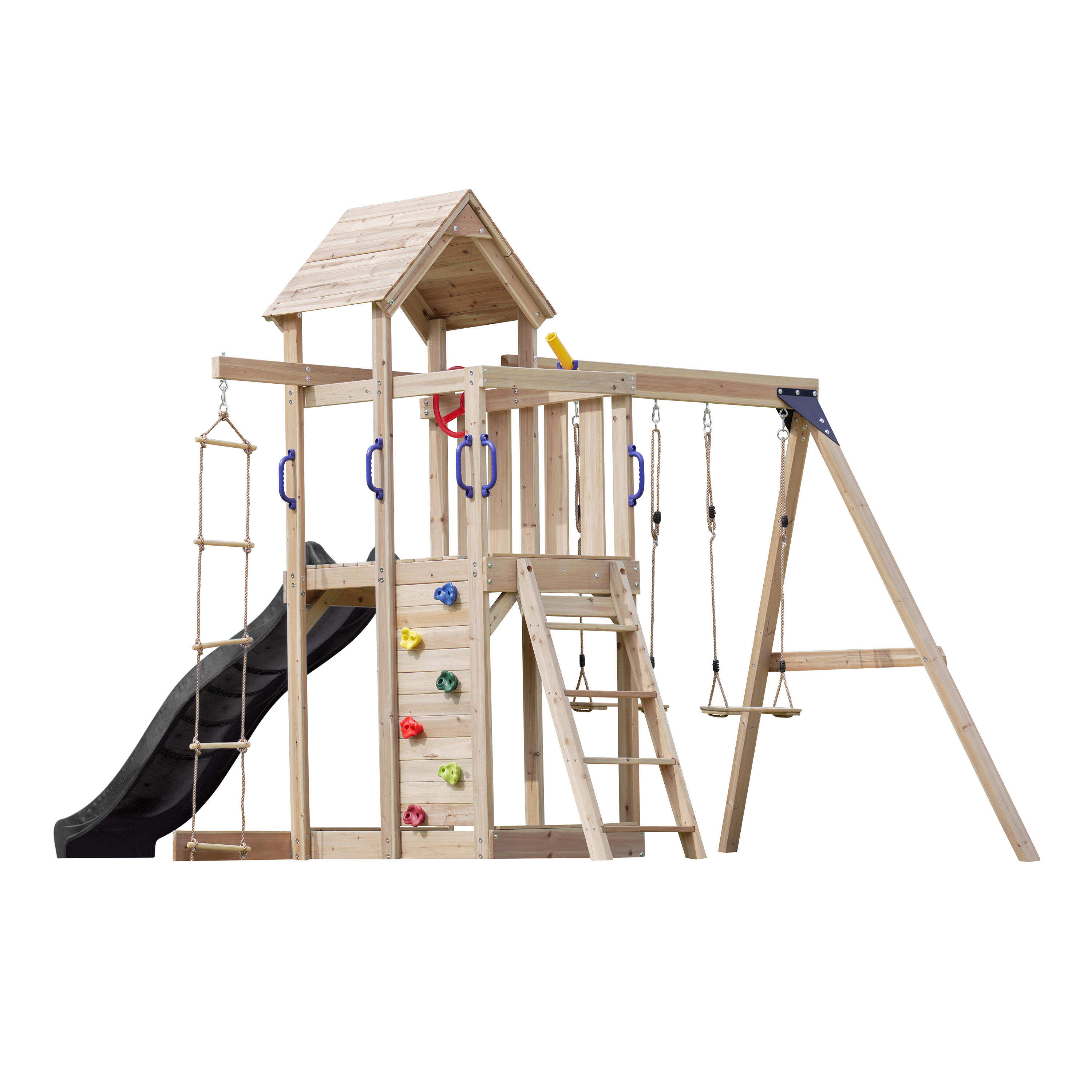Aire de jeux, Moos avec balançoire double et échelle en corde - toboggan gris 6/7