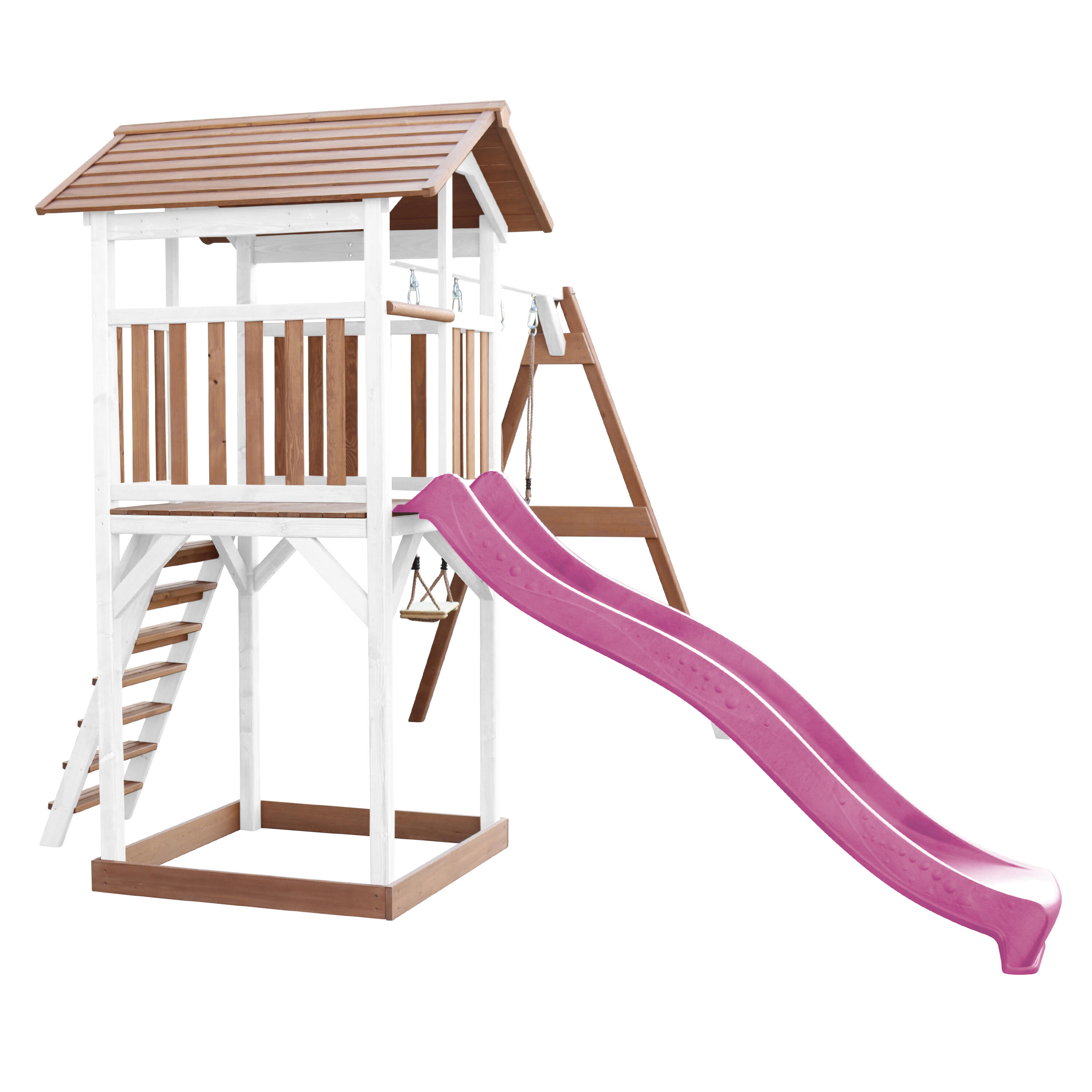 Aire de jeux Beach Tower Marron/Blanche avec 2 Balançoires - Toboggan Violet 6/7