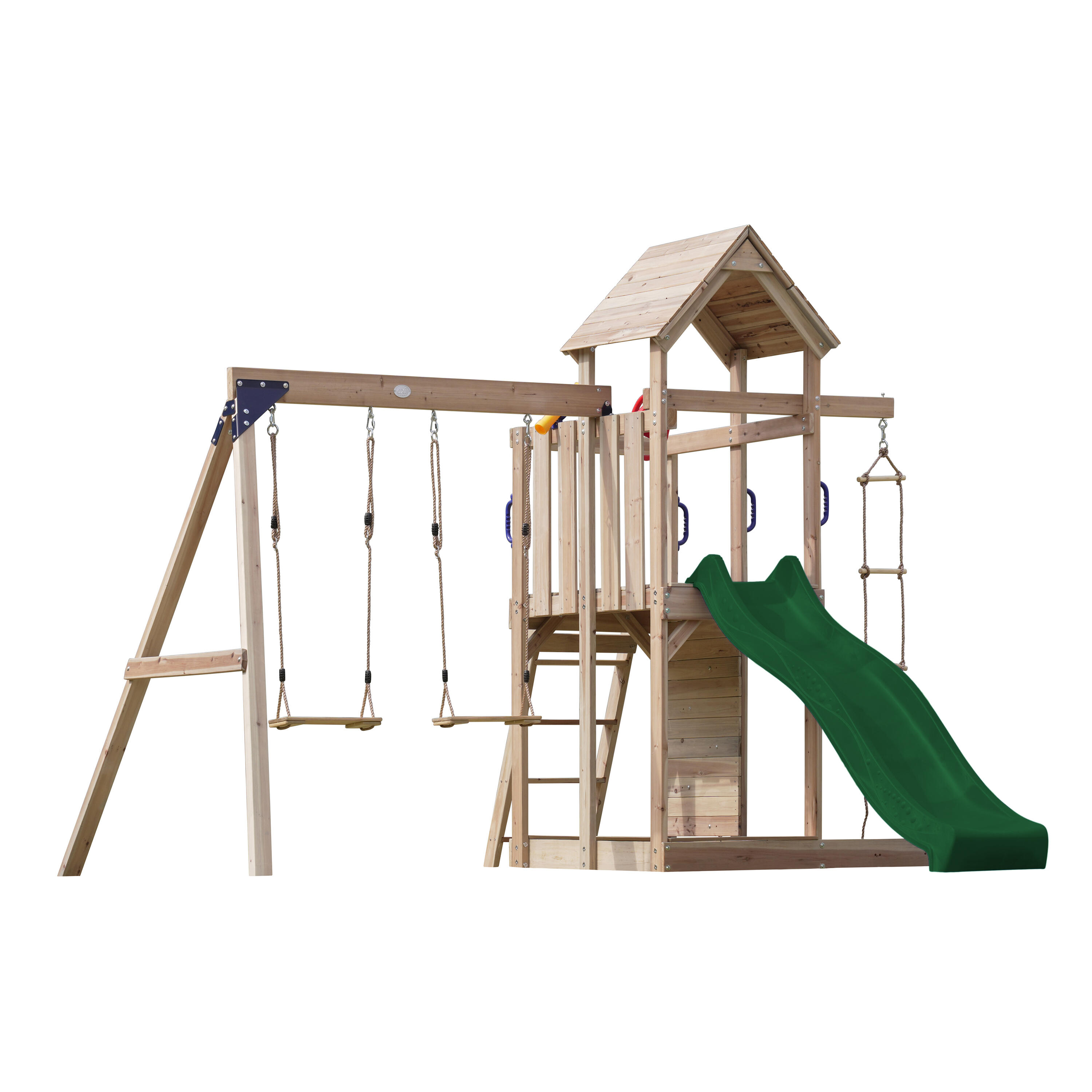 Aire de jeux, Moos avec balançoire double et échelle en corde - toboggan vert 2/7