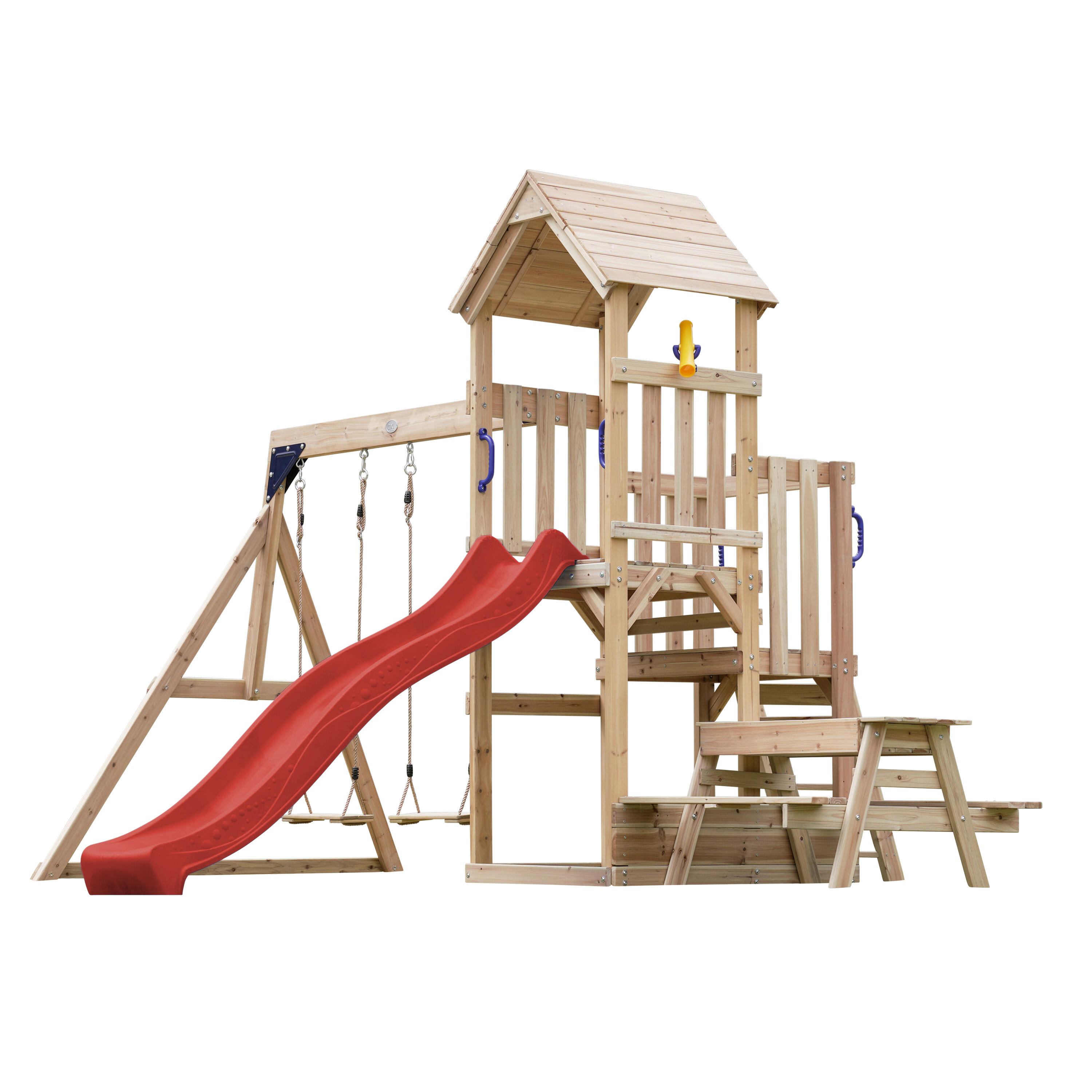 Aire de jeux Mette avec balançoire double marron - toboggan rouge 2/7