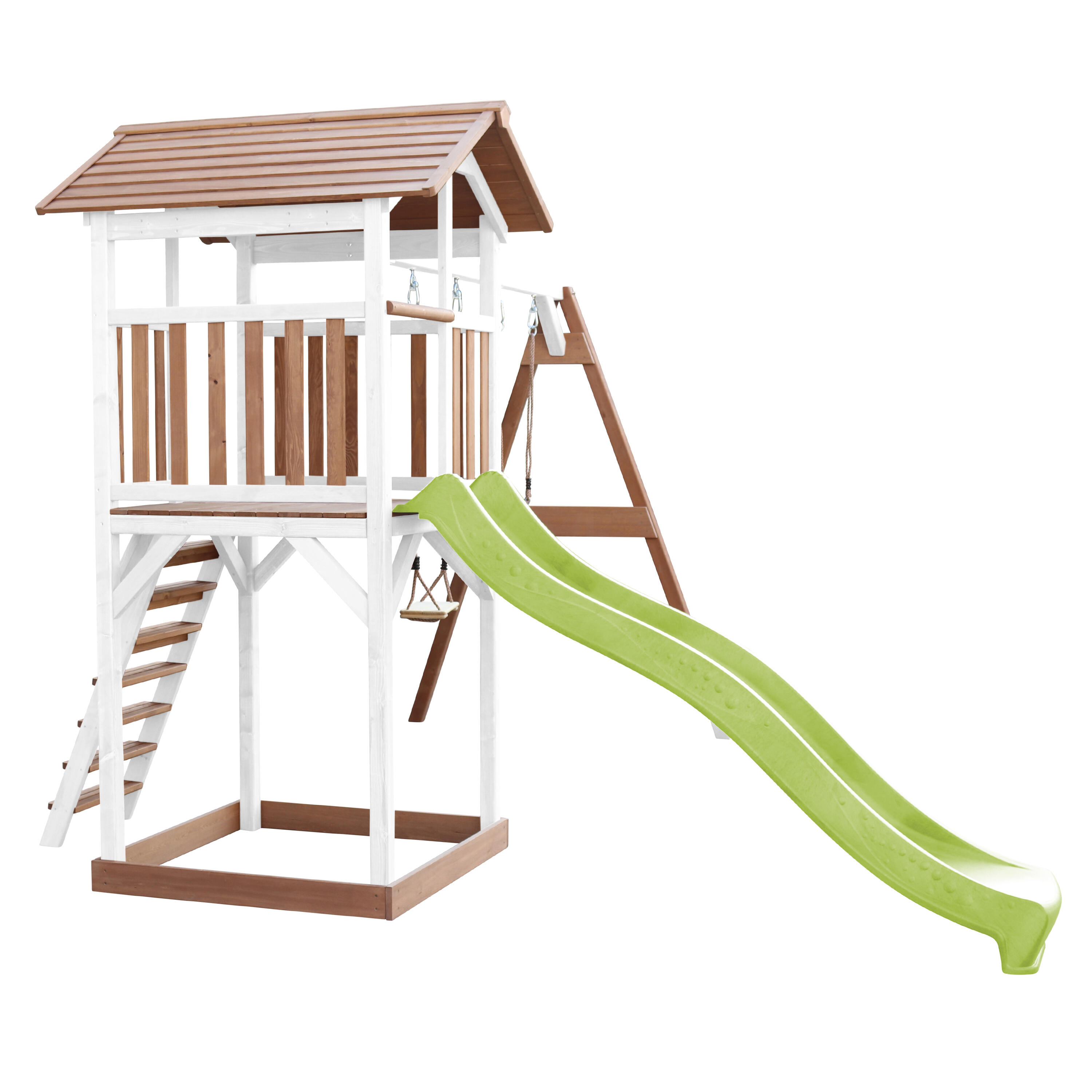 Aire de jeux Beach Tower Marron/Blanche avec 2 Balançoires - Toboggan Vert 6/7