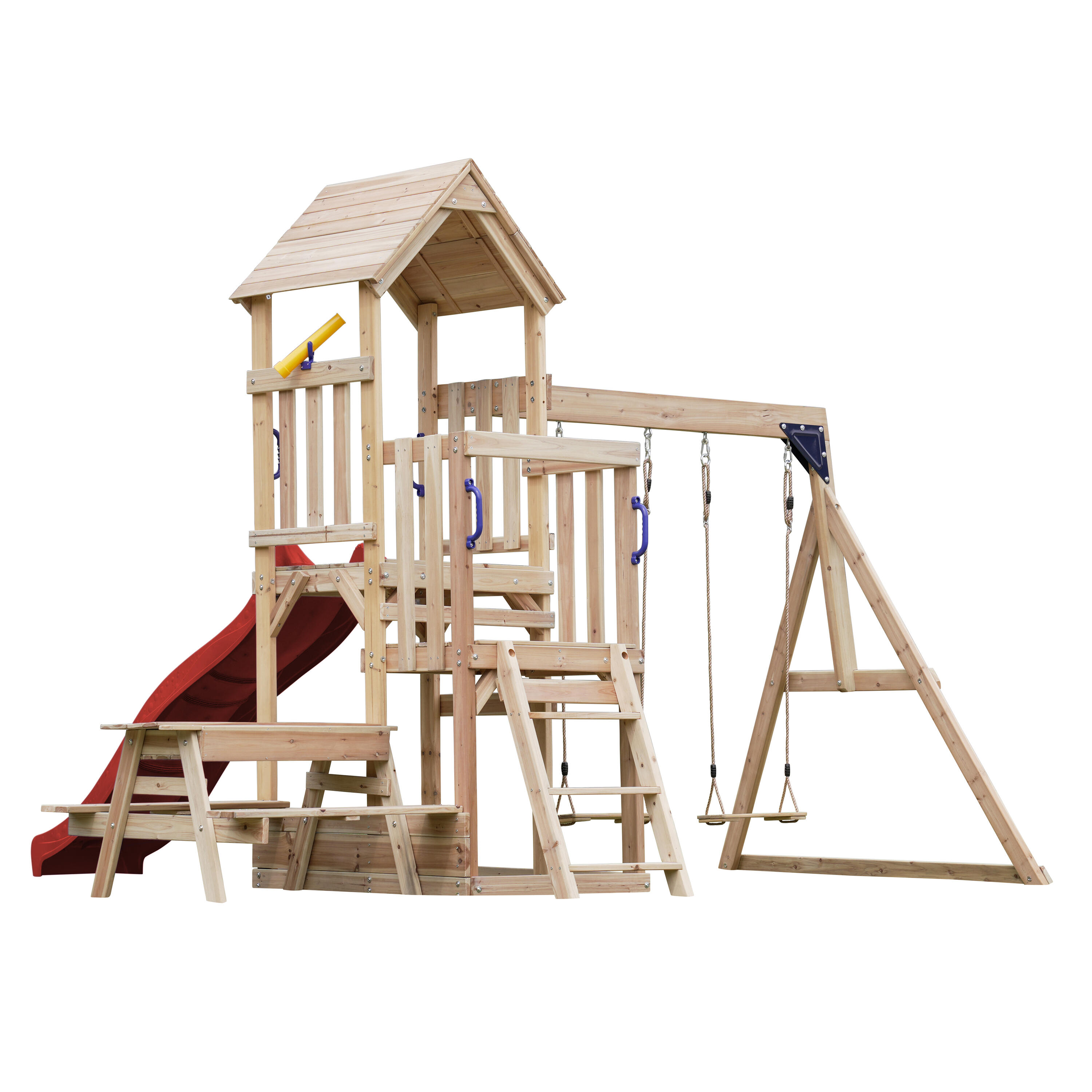Aire de jeux Mette avec balançoire double marron - toboggan rouge 6/7