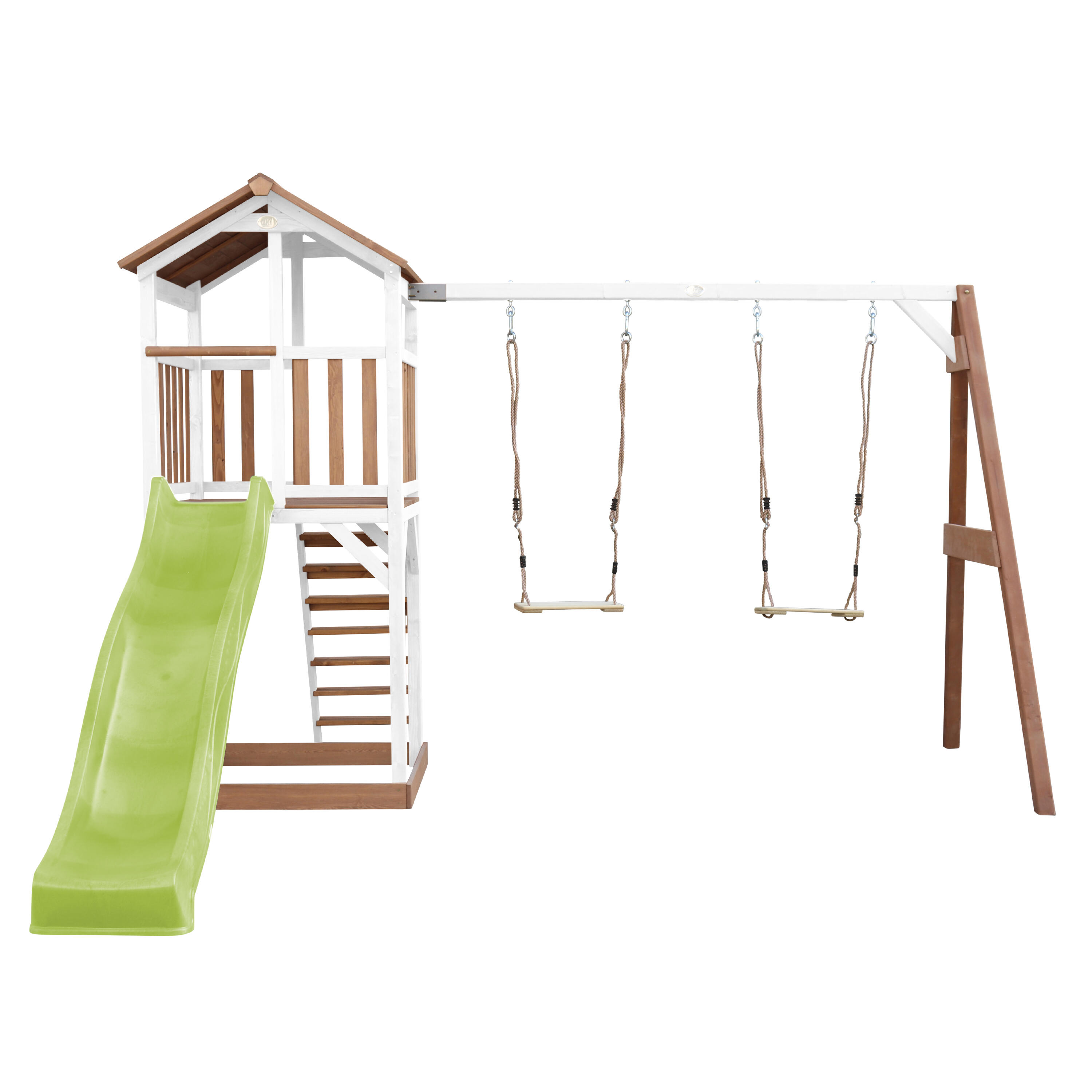 Aire de jeux Beach Tower Marron/Blanche avec 2 Balançoires - Toboggan Vert 5/7