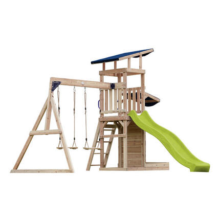 Aire de jeux Malik avec balançoire double marron - toboggan gris