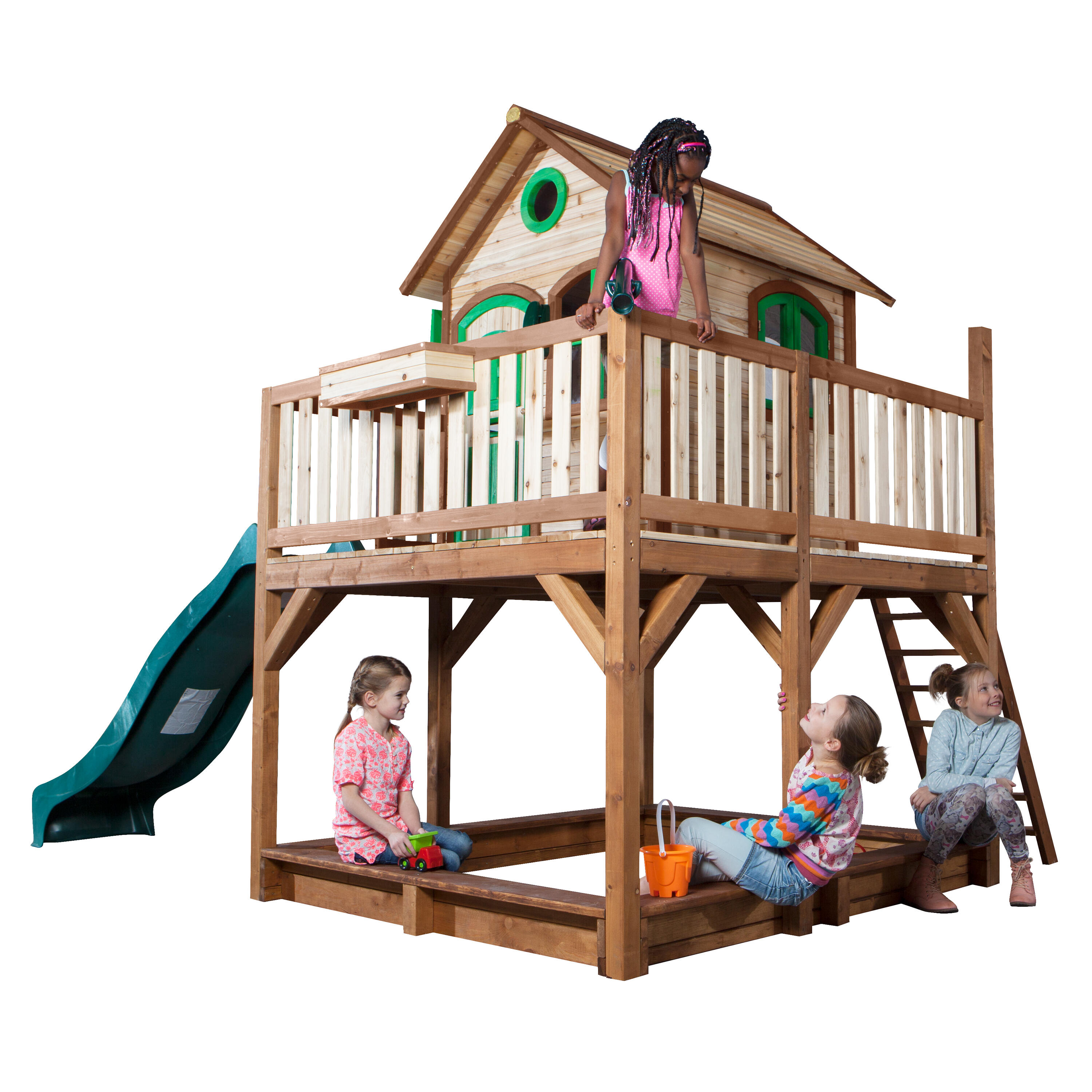 Maisonnette en bois Liam Marron/Verte - Toboggan Vert 6/7