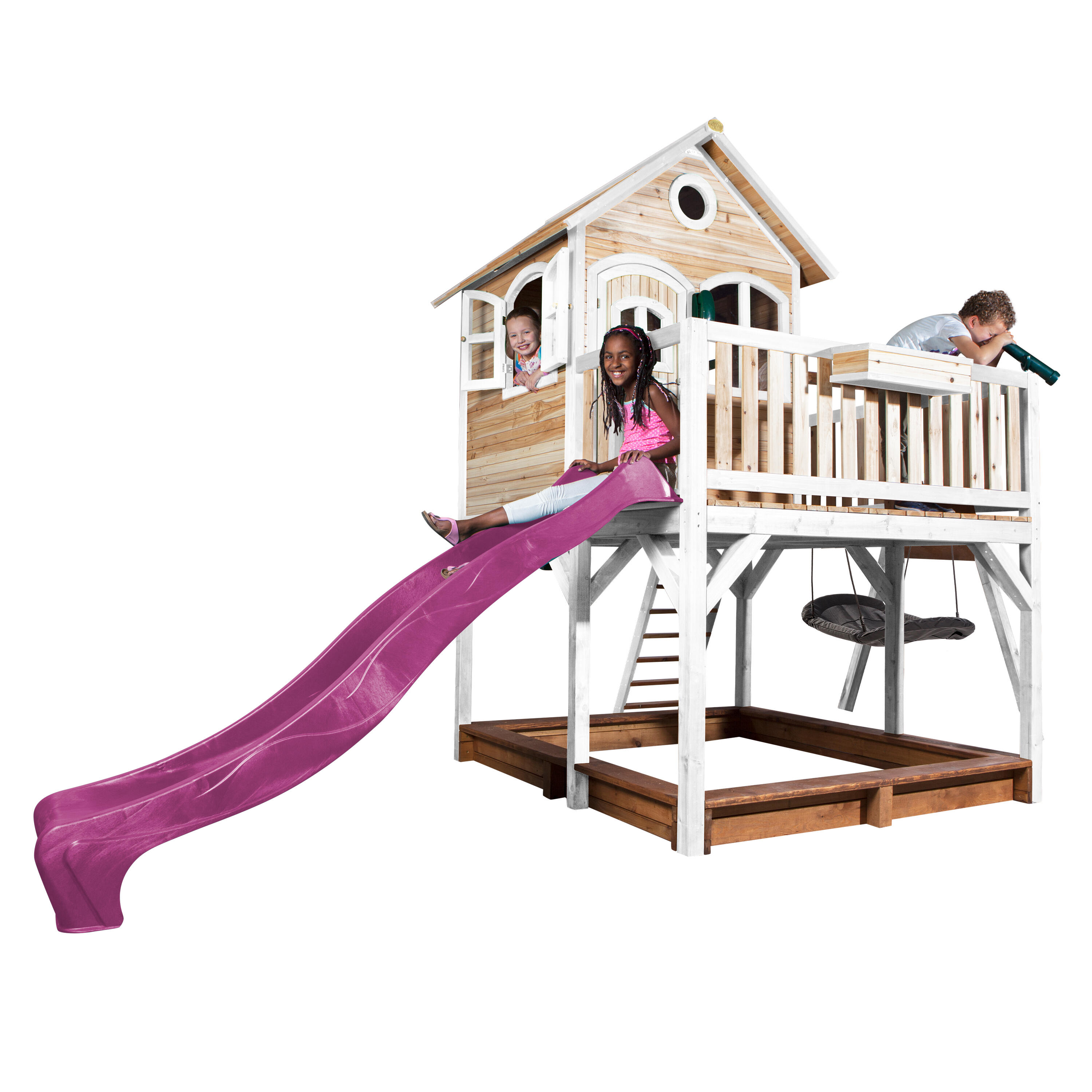 Maisonnette en bois Liam, Bac à Sable, Balançoire, Toboggan Violet 7/7