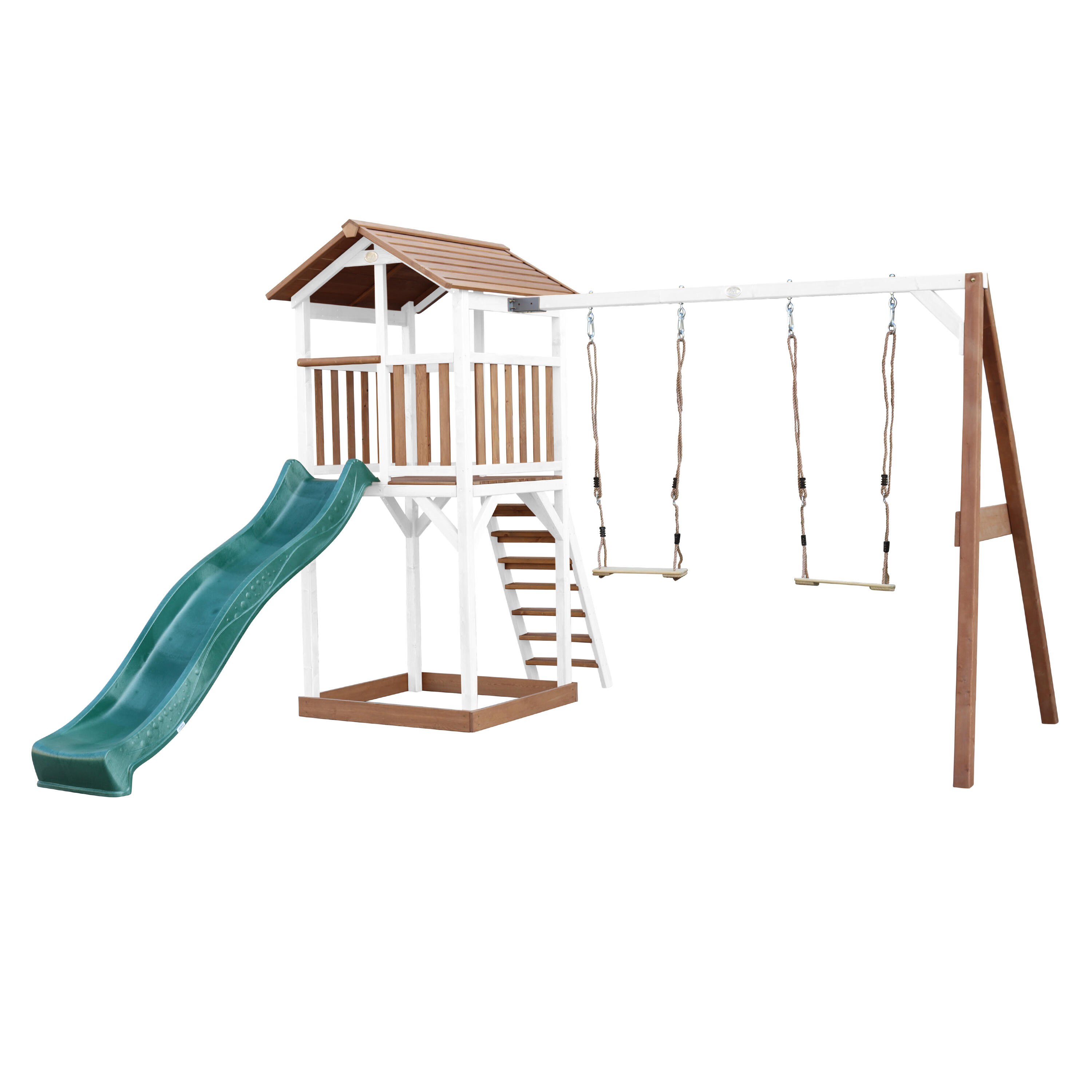 Axi - Aire De Jeux Beach Tower Marron/blanche Avec 2 Balançoires - Toboggan Vert - Aire De Jeu - Vert - Taille Unique - Decathlon