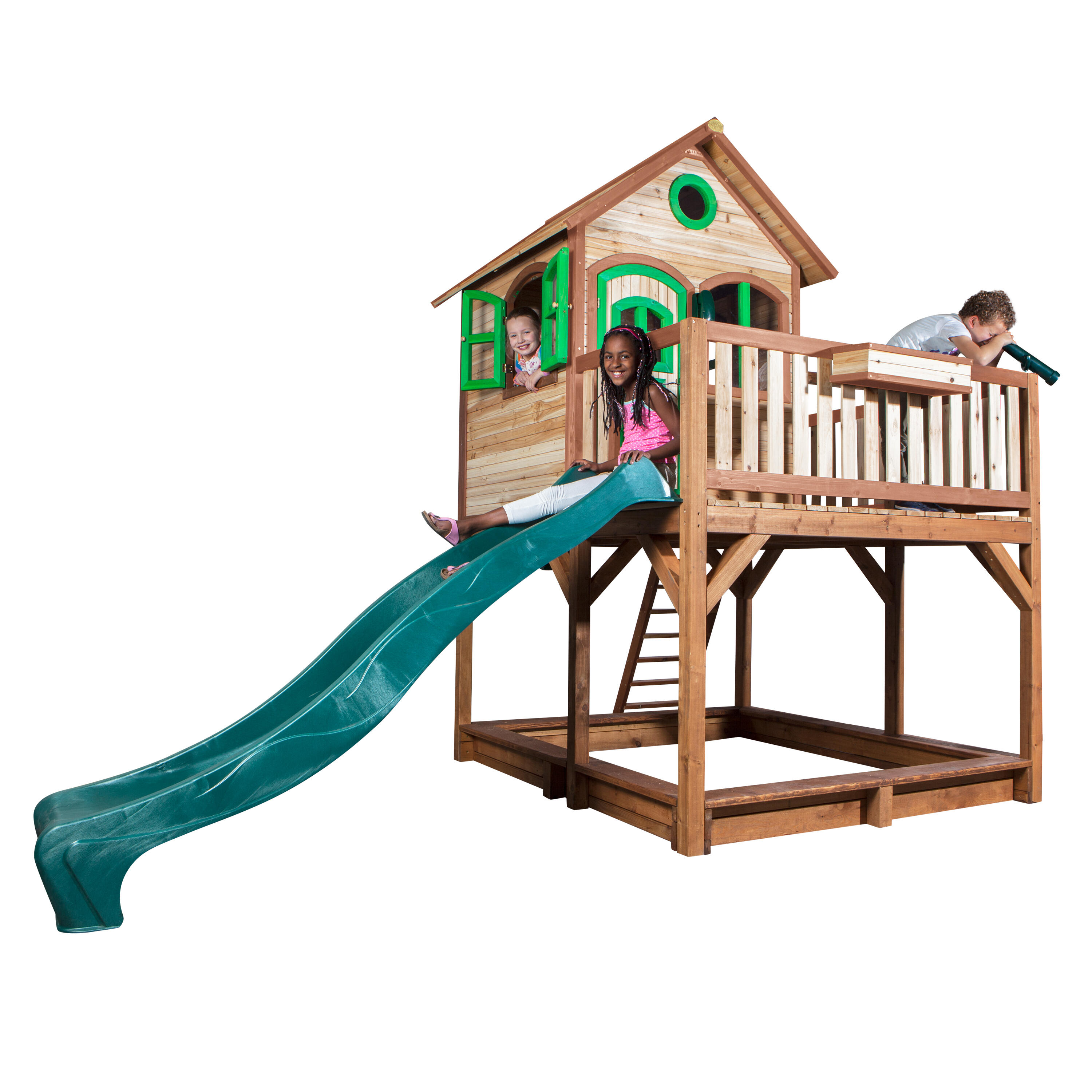 Maisonnette en bois Liam Marron/Verte - Toboggan Vert 7/7