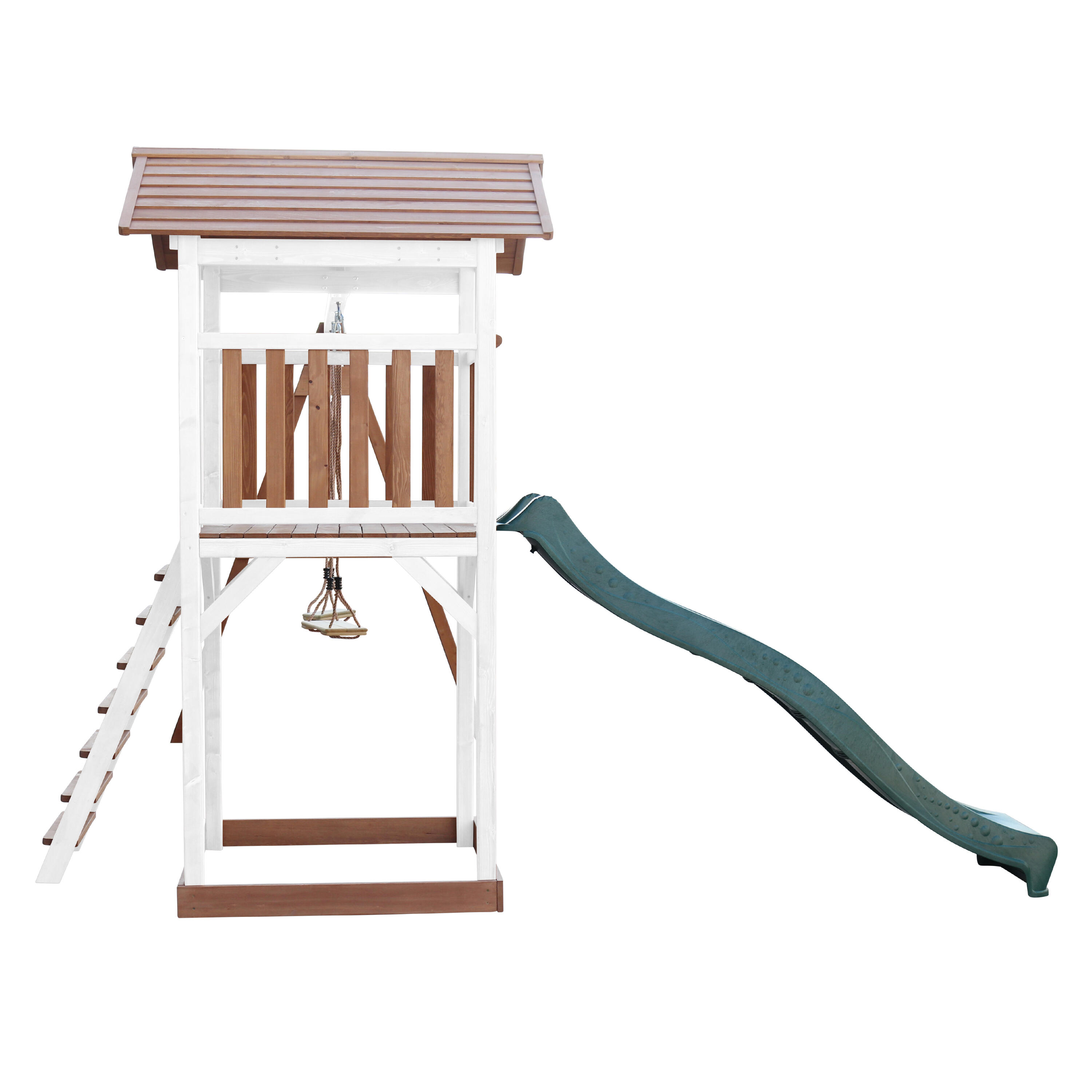 Aire de jeux Beach Tower Marron/Blanche avec 2 Balançoires - Toboggan Vert 7/7