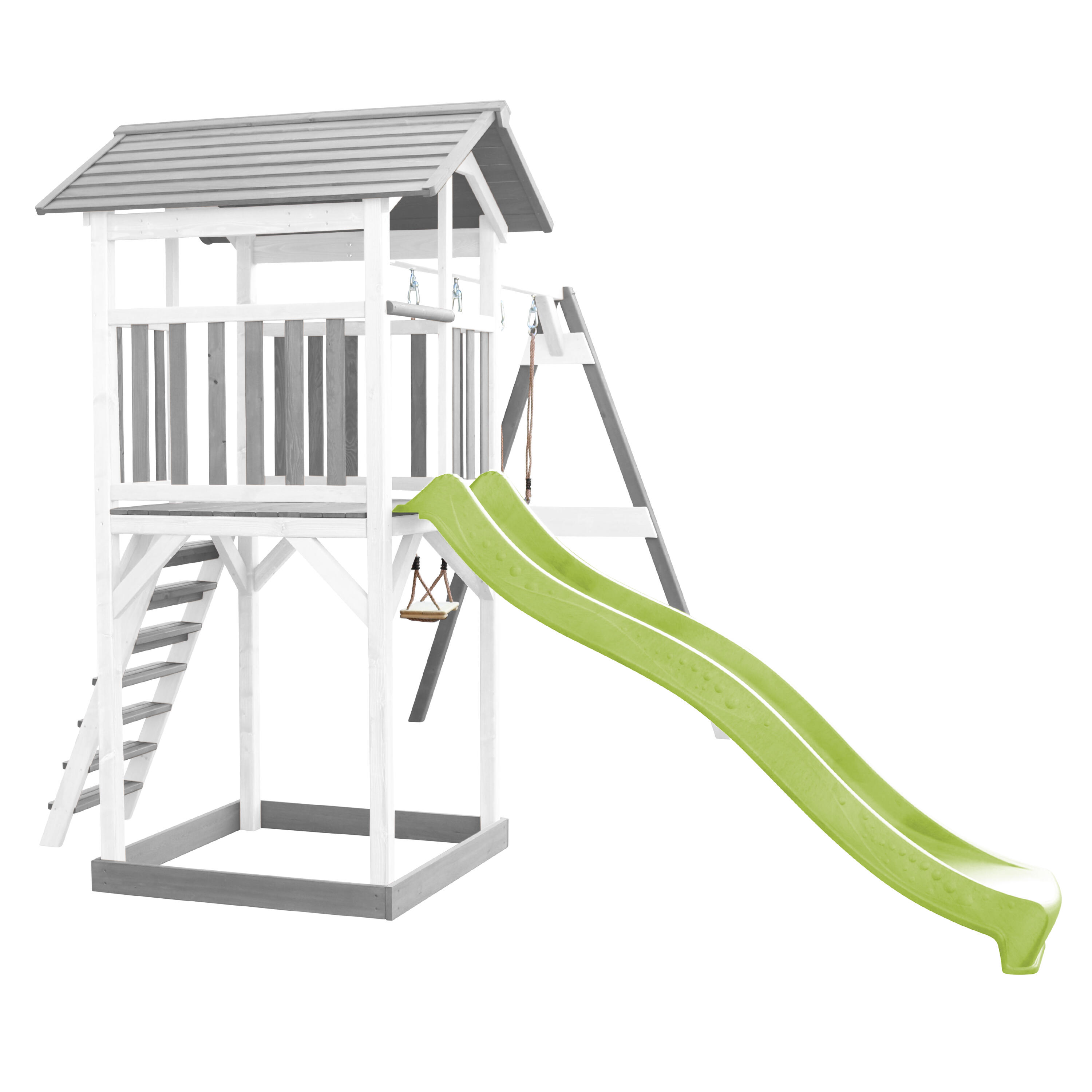 Aire de jeux Beach Tower Grise/Blanche avec 2 Balançoires - Toboggan Vert 6/7
