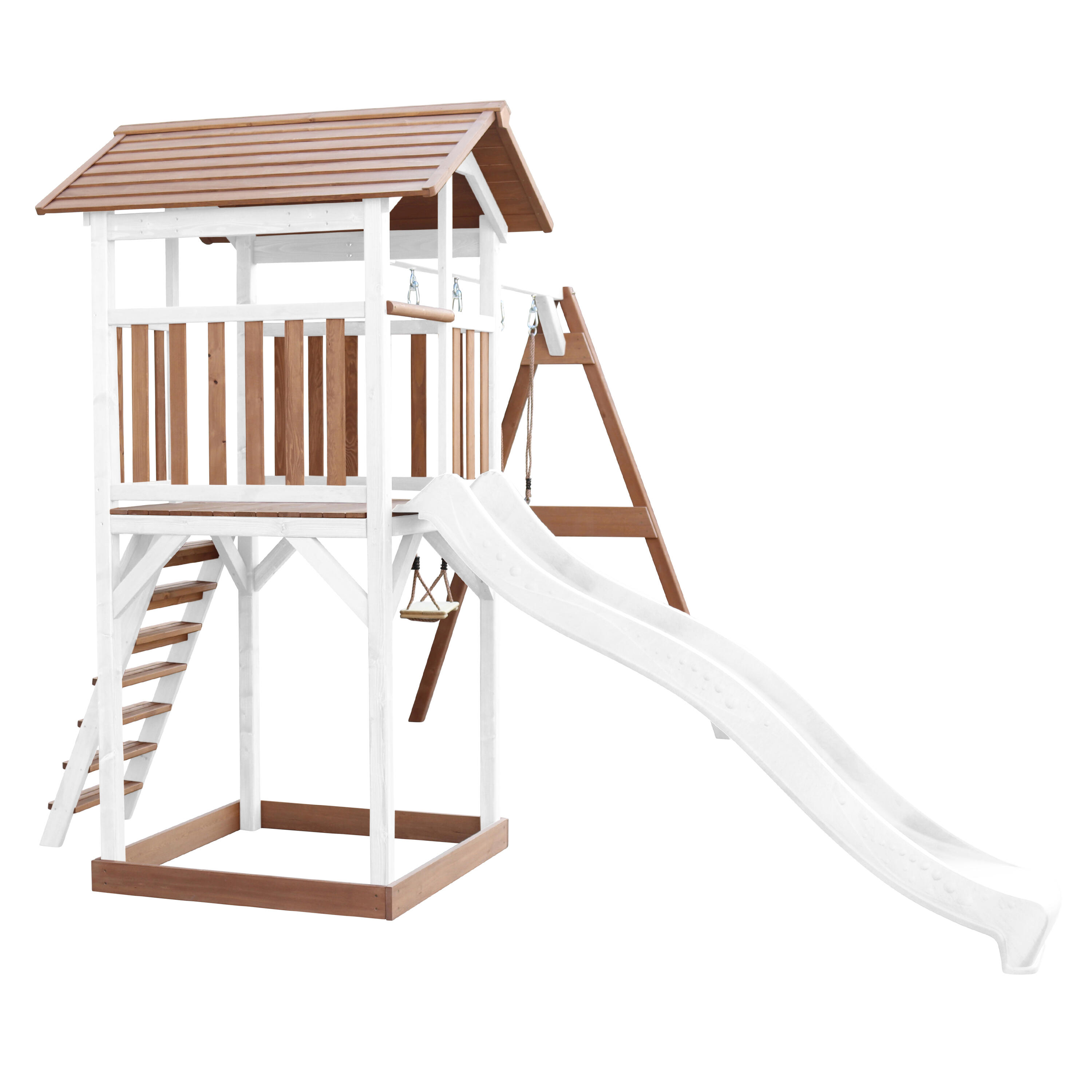 Aire de jeux Beach Tower Marron/Blanche avec 2 Balançoires - Toboggan Blanc 6/7